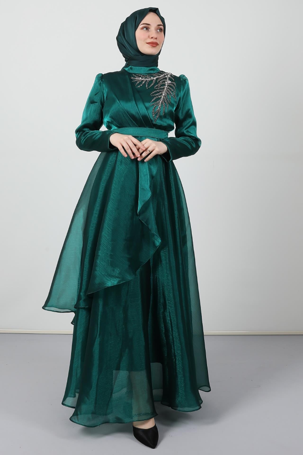 Taşlı Organze Abiye Zümrüt