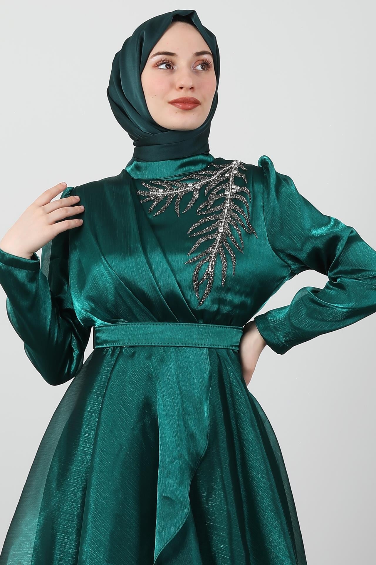 Taşlı Organze Abiye Zümrüt