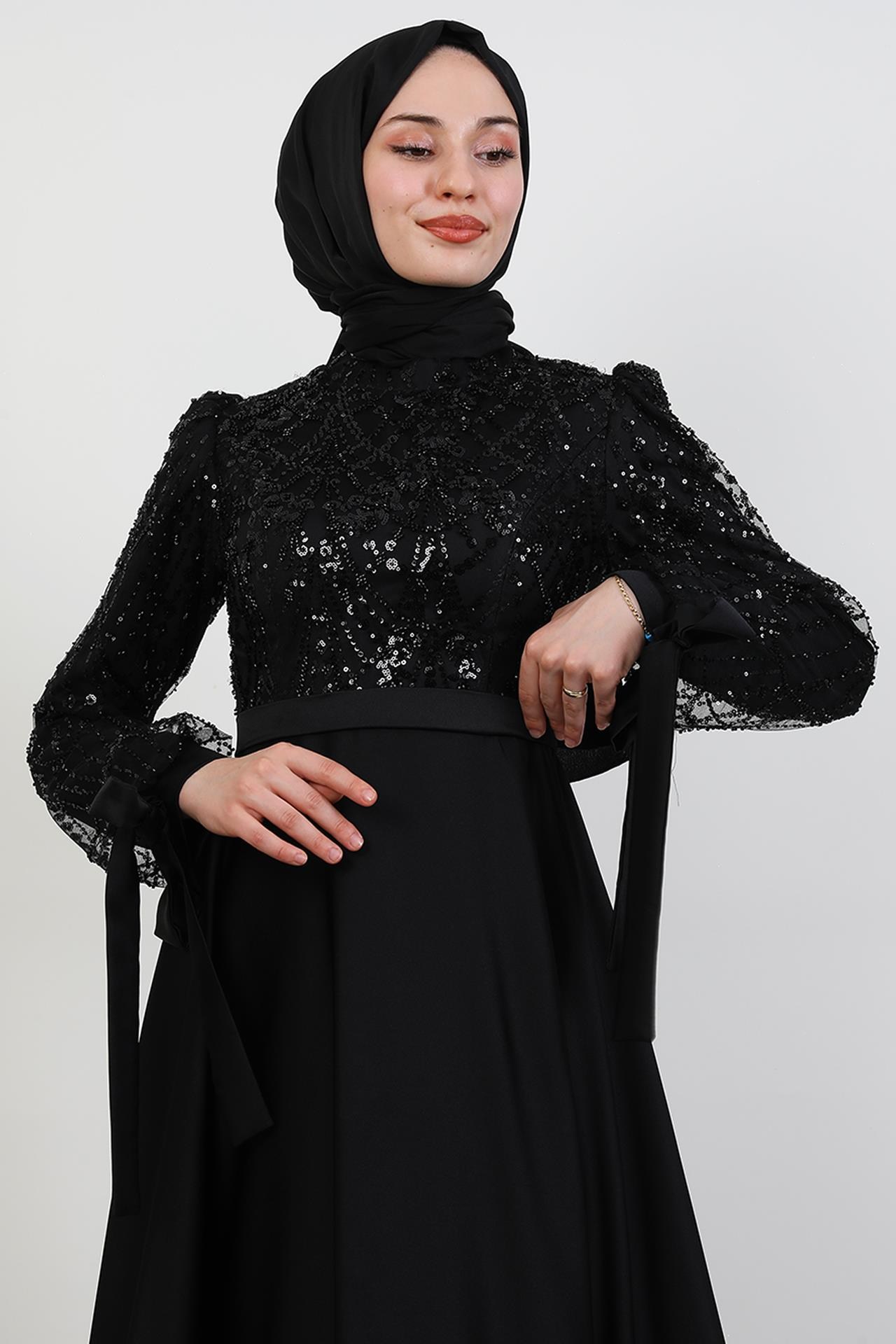Taşlı Saten Tesettür Abiye Siyah