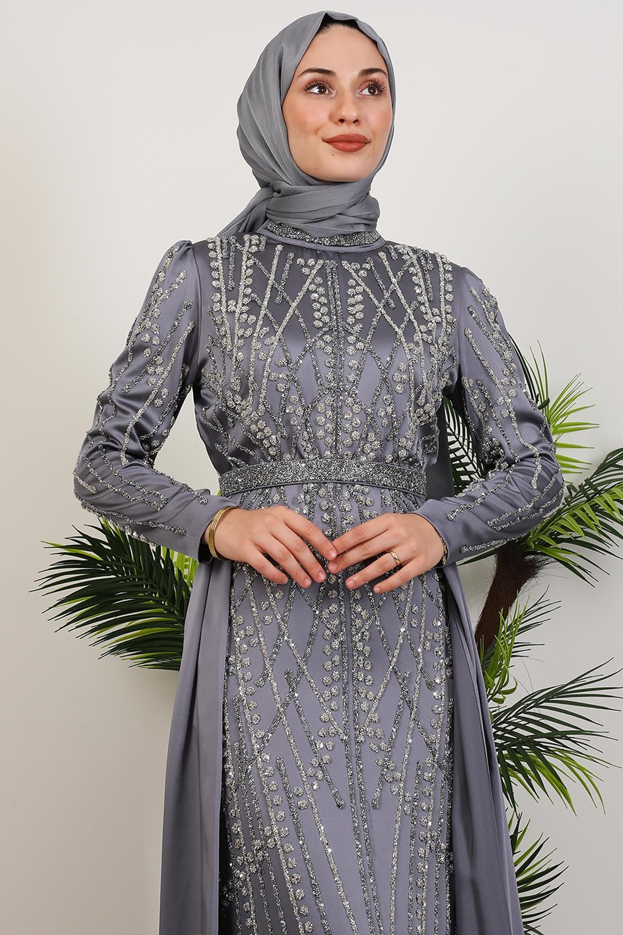 Taşlı Yakut Elbise Gri