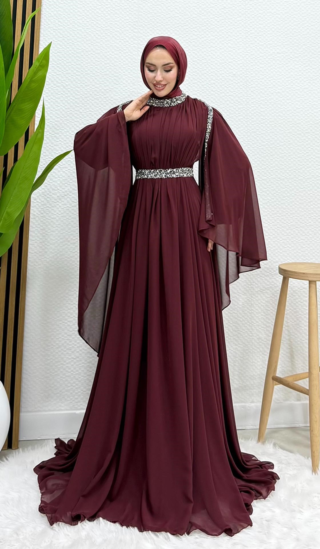 Tutku Şifon Abiye Bordo