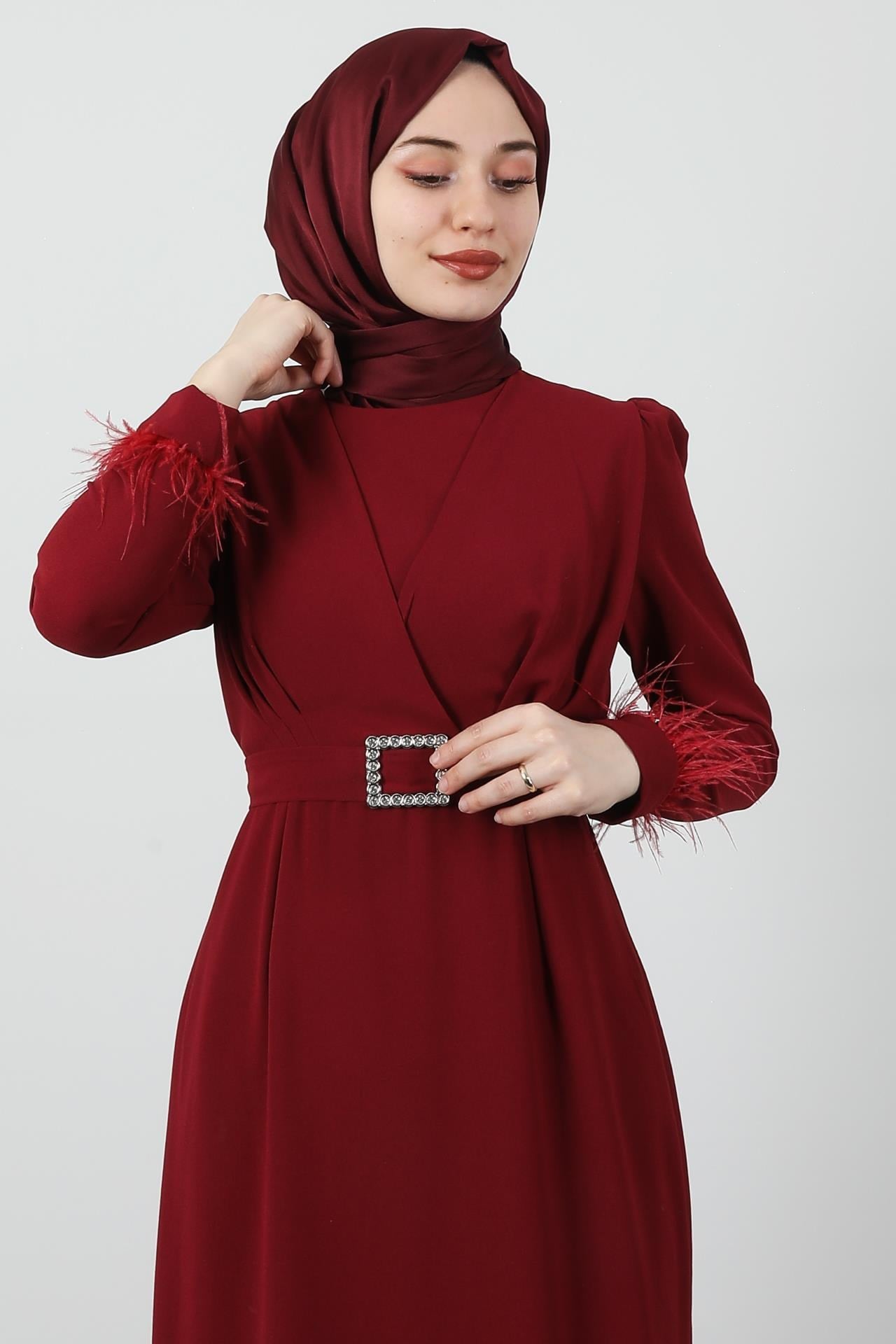 Tüy Detay Tesettür Elbise Bordo