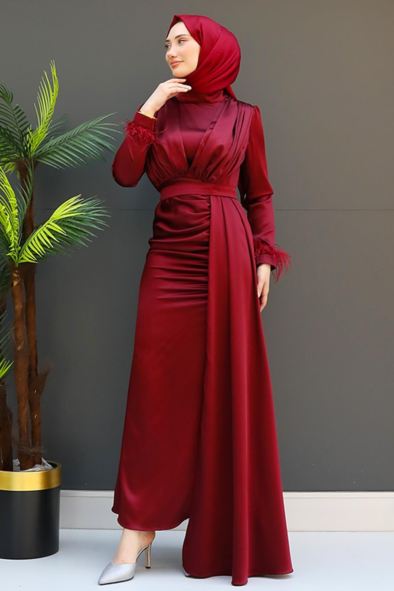 Tüylü Saten Tesettür Elbise Bordo