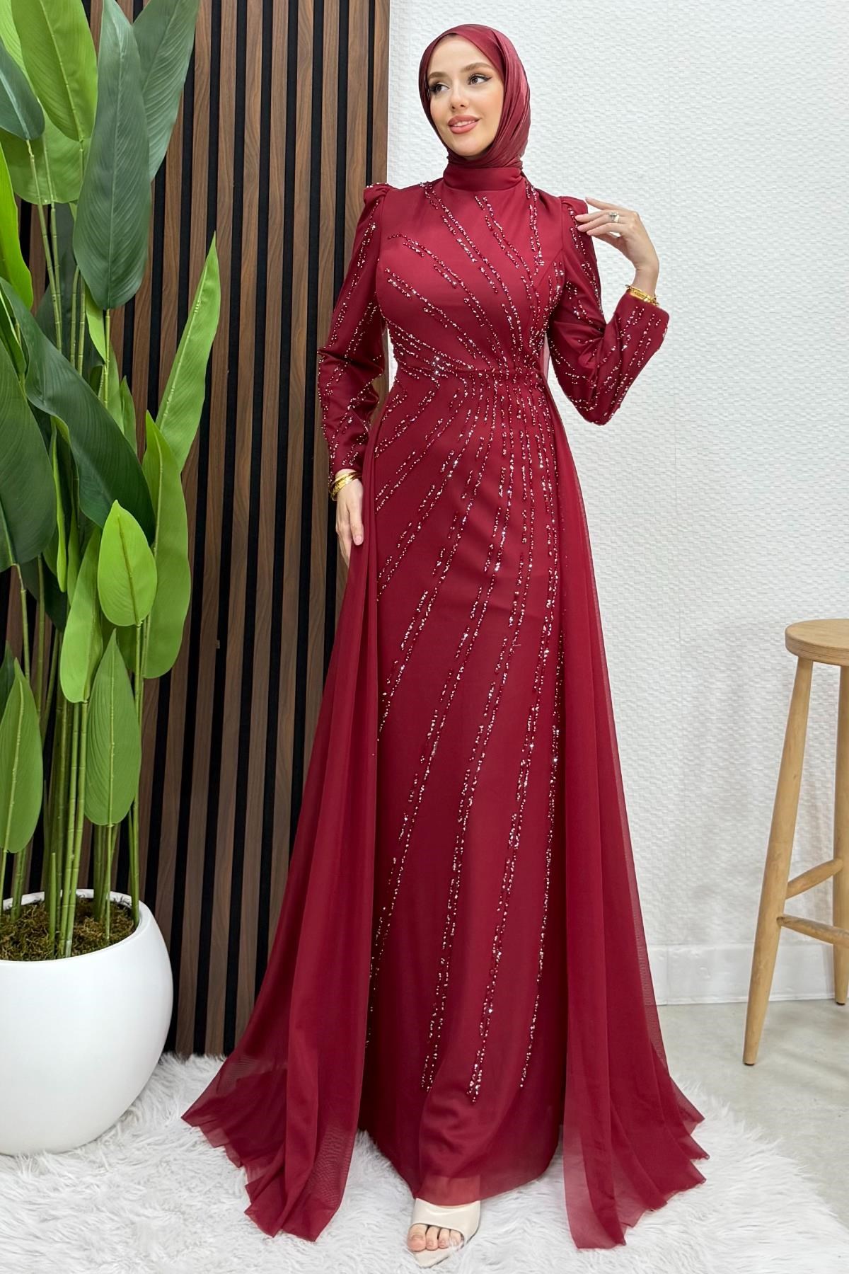 Velya Şifon Abiye Bordo