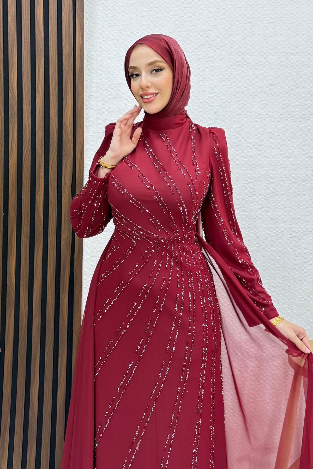 Velya Şifon Abiye Bordo