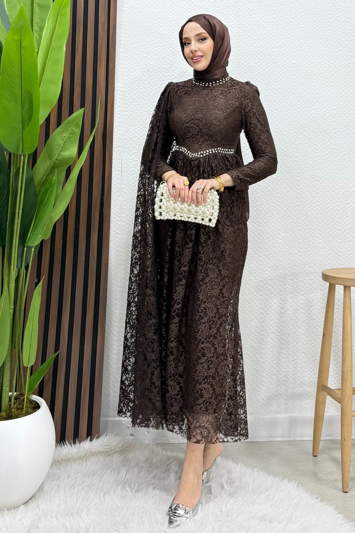 Veylin Dantel Abiye Acı Kahve