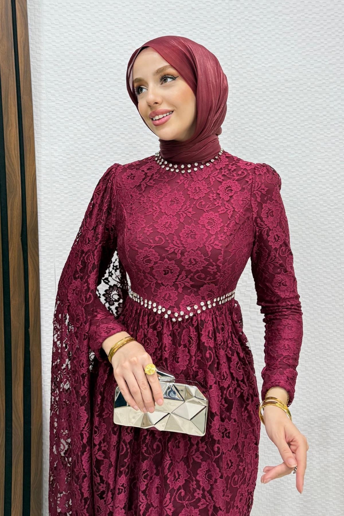 Veylin Dantel Abiye Bordo