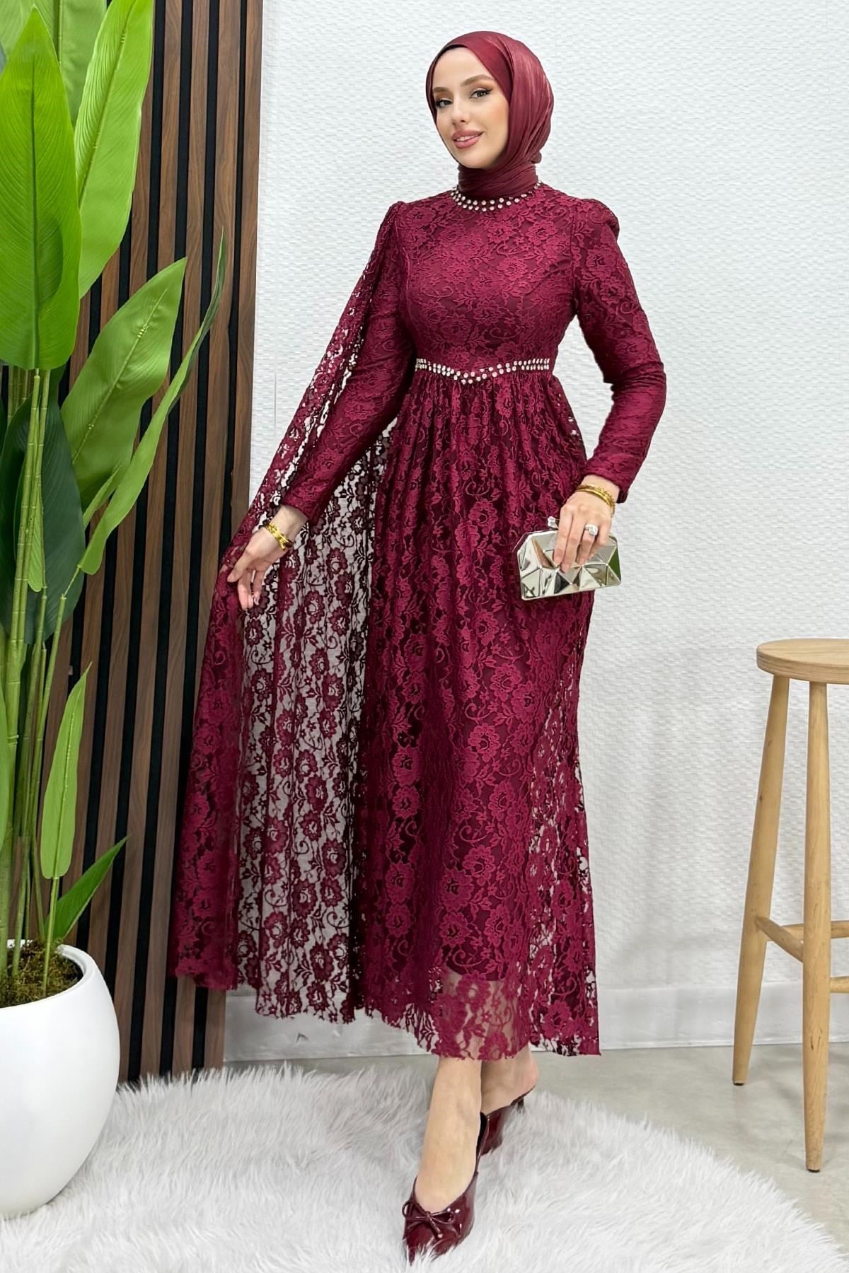 Veylin Dantel Abiye Bordo