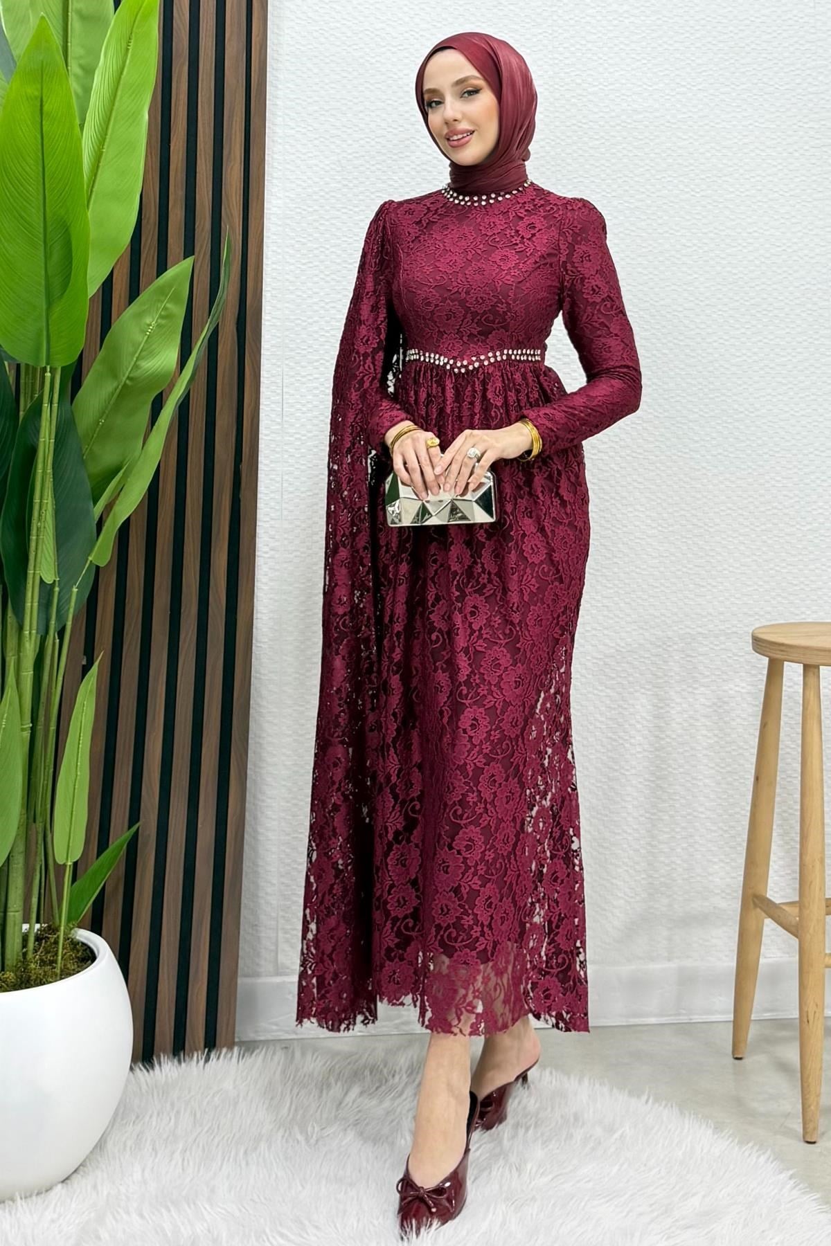 Veylin Dantel Abiye Bordo