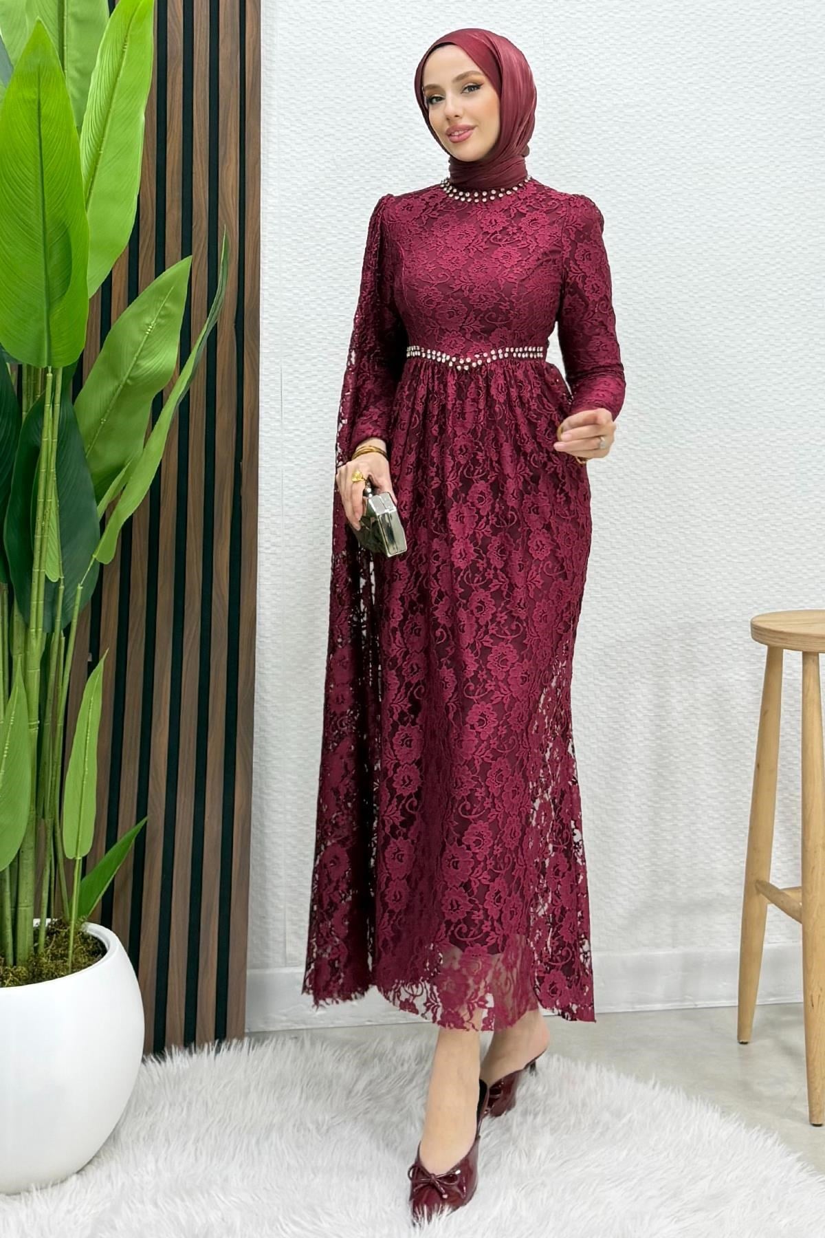Veylin Dantel Abiye Bordo