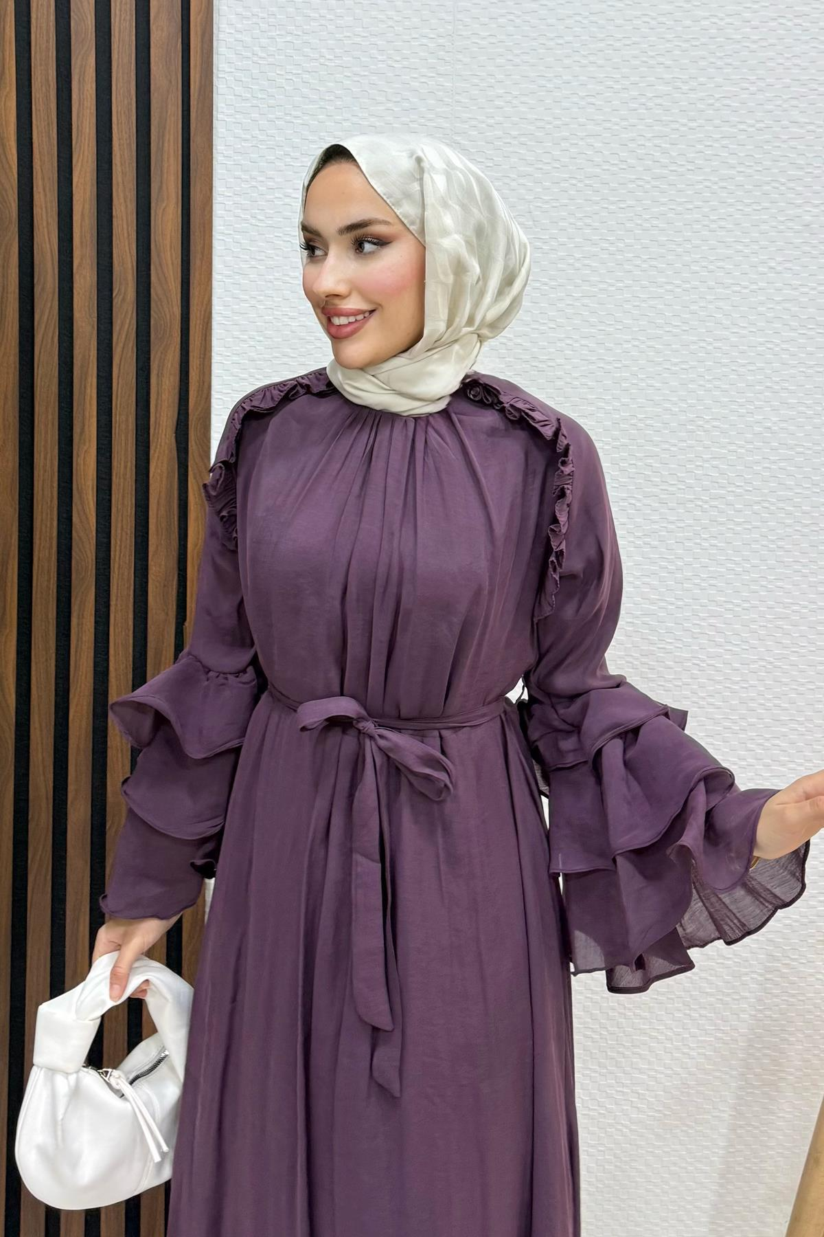 Volanlı Modal Elbise Mürdüm