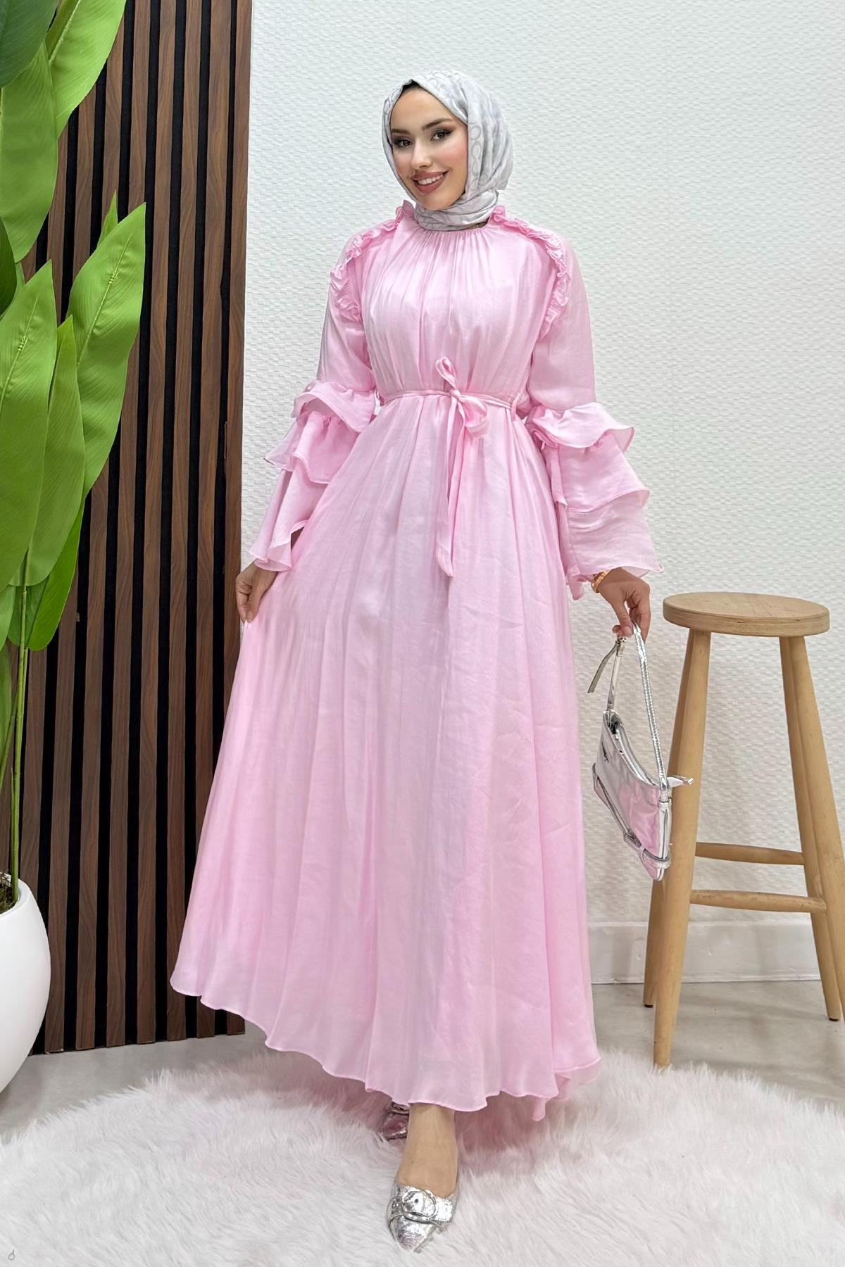 Volanlı Modal Elbise Soft Pembe