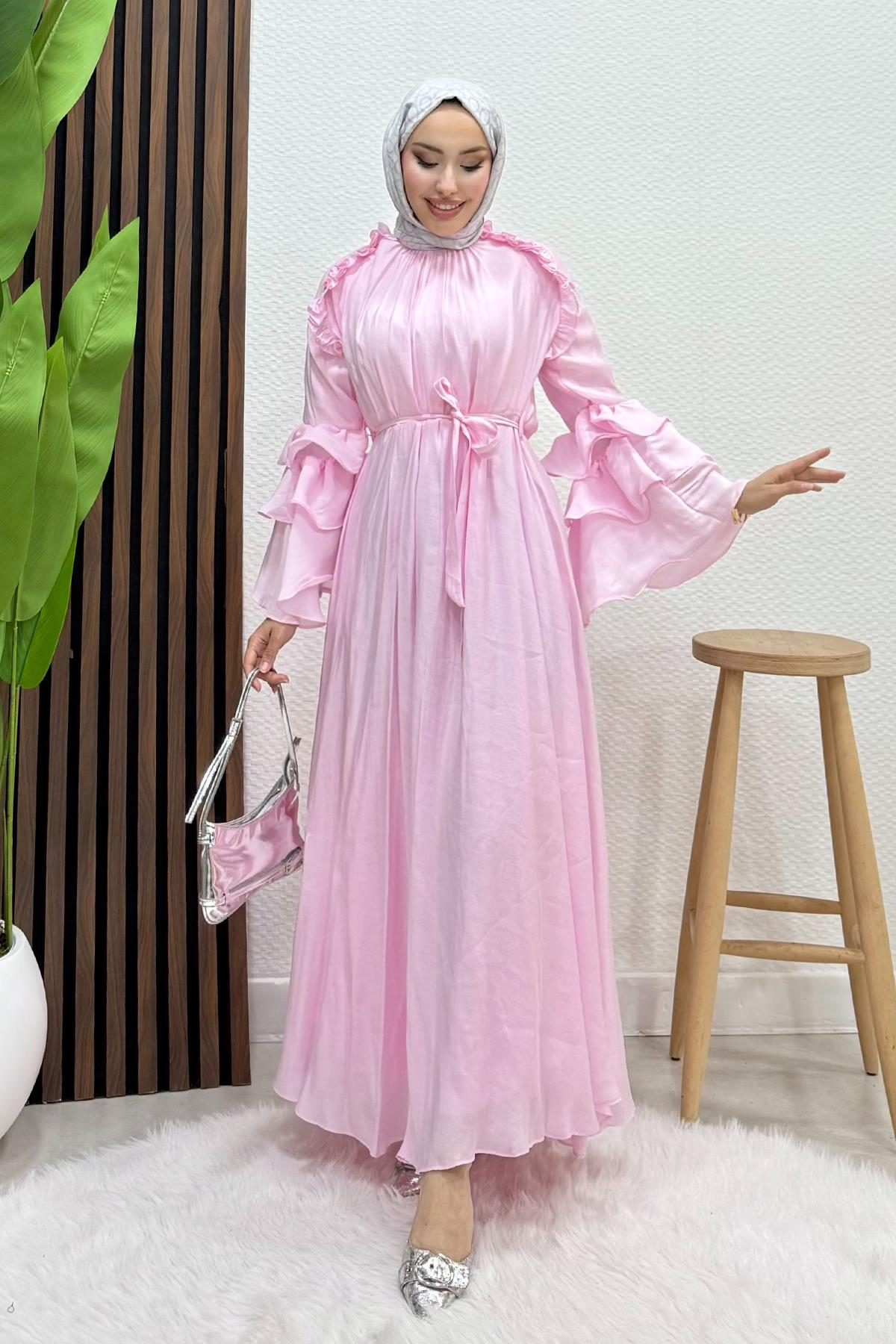 Volanlı Modal Elbise Soft Pembe
