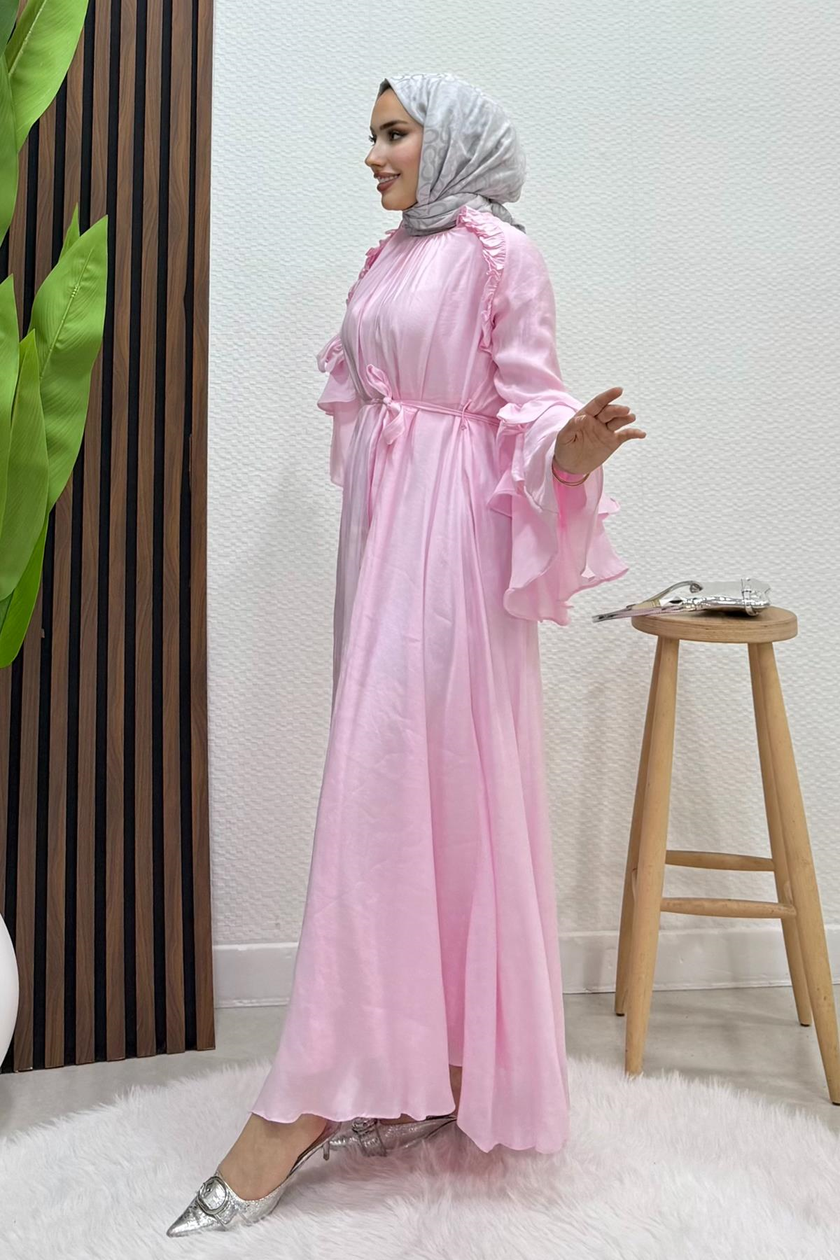 Volanlı Modal Elbise Soft Pembe
