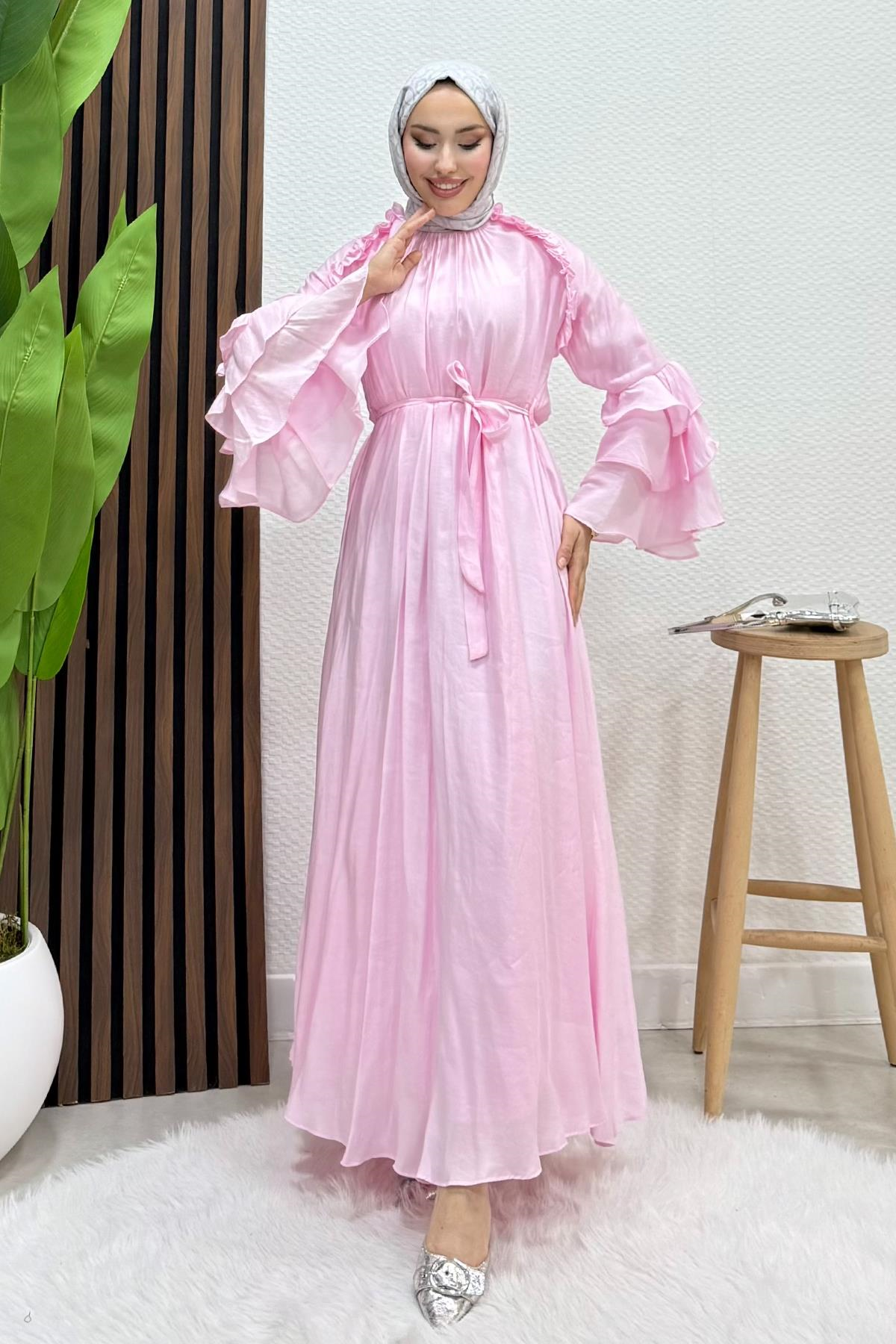 Volanlı Modal Elbise Soft Pembe