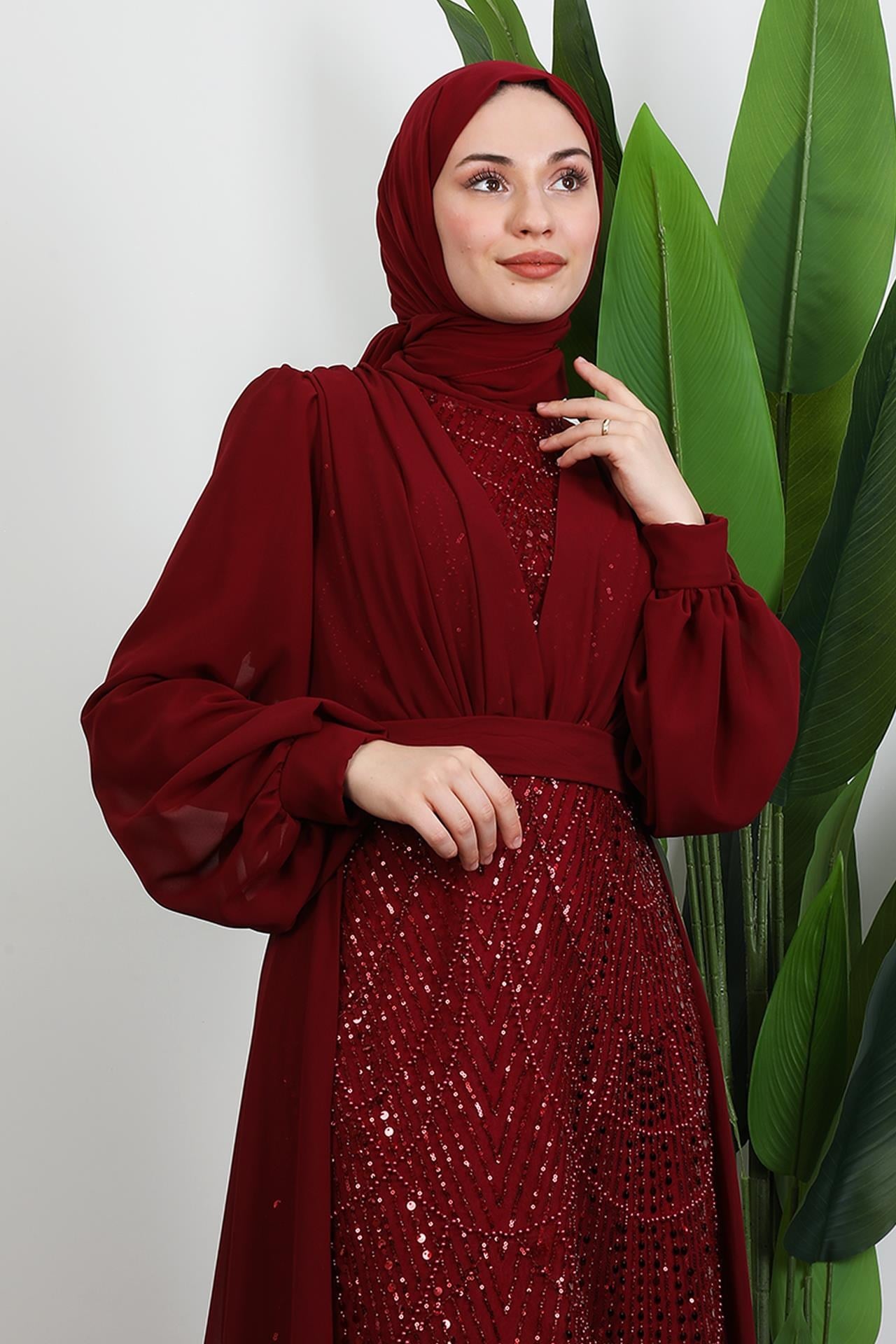 Yakamoz Taşlı Abiye Bordo