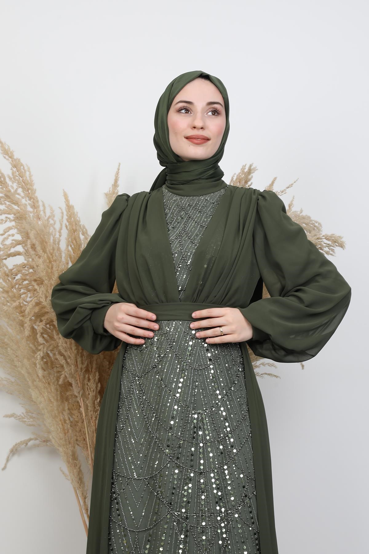 Yakamoz Taşlı Abiye Haki