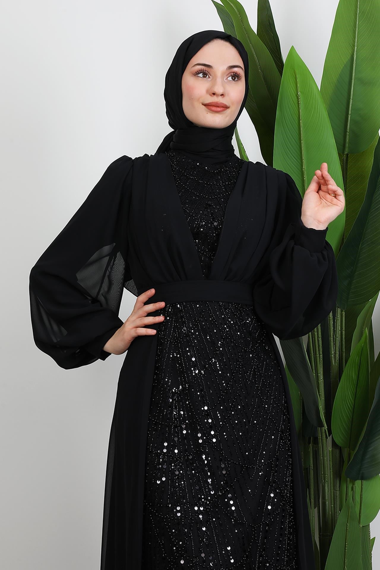 Yakamoz Taşlı Abiye Siyah