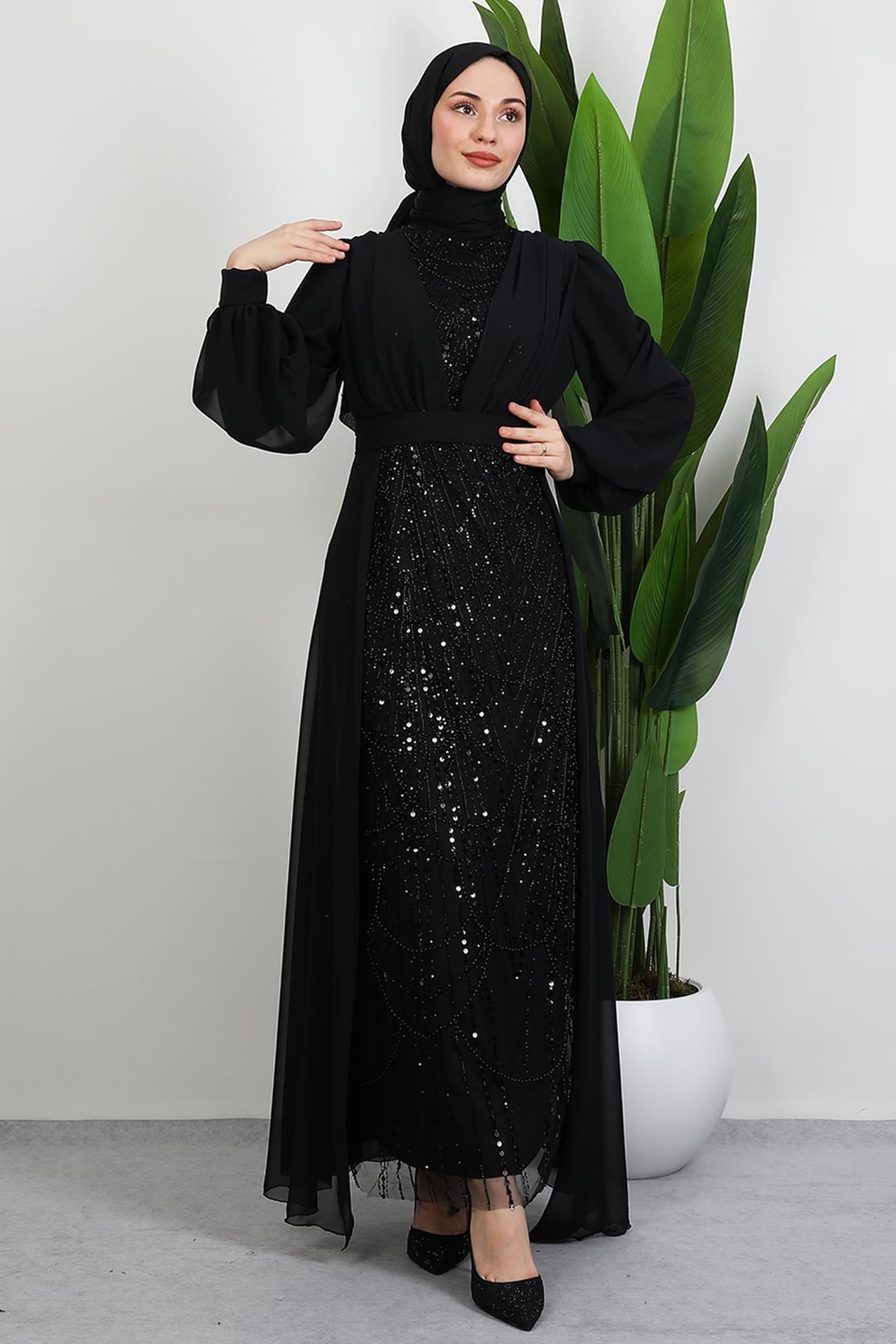Yakamoz Taşlı Abiye Siyah