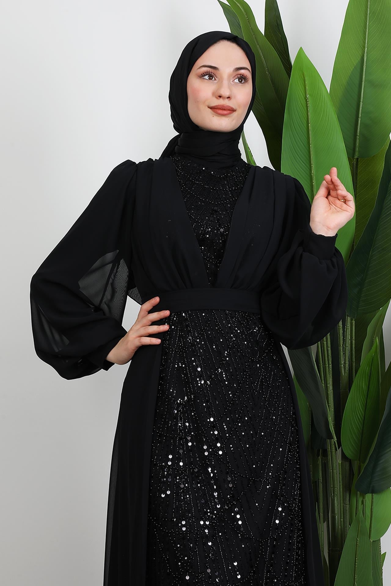 Yakamoz Taşlı Abiye Siyah
