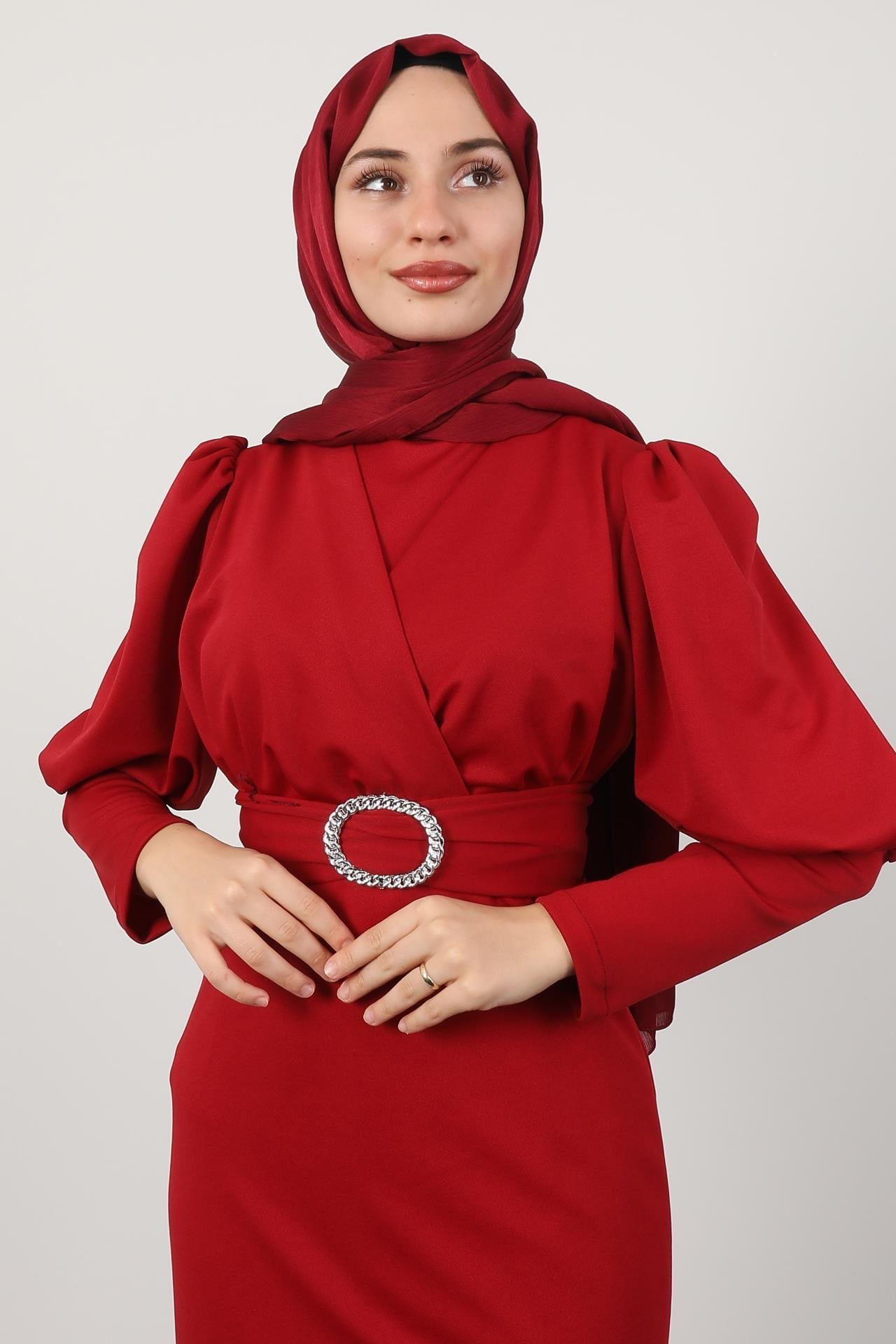 Yakası Çapraz Elbise Bordo