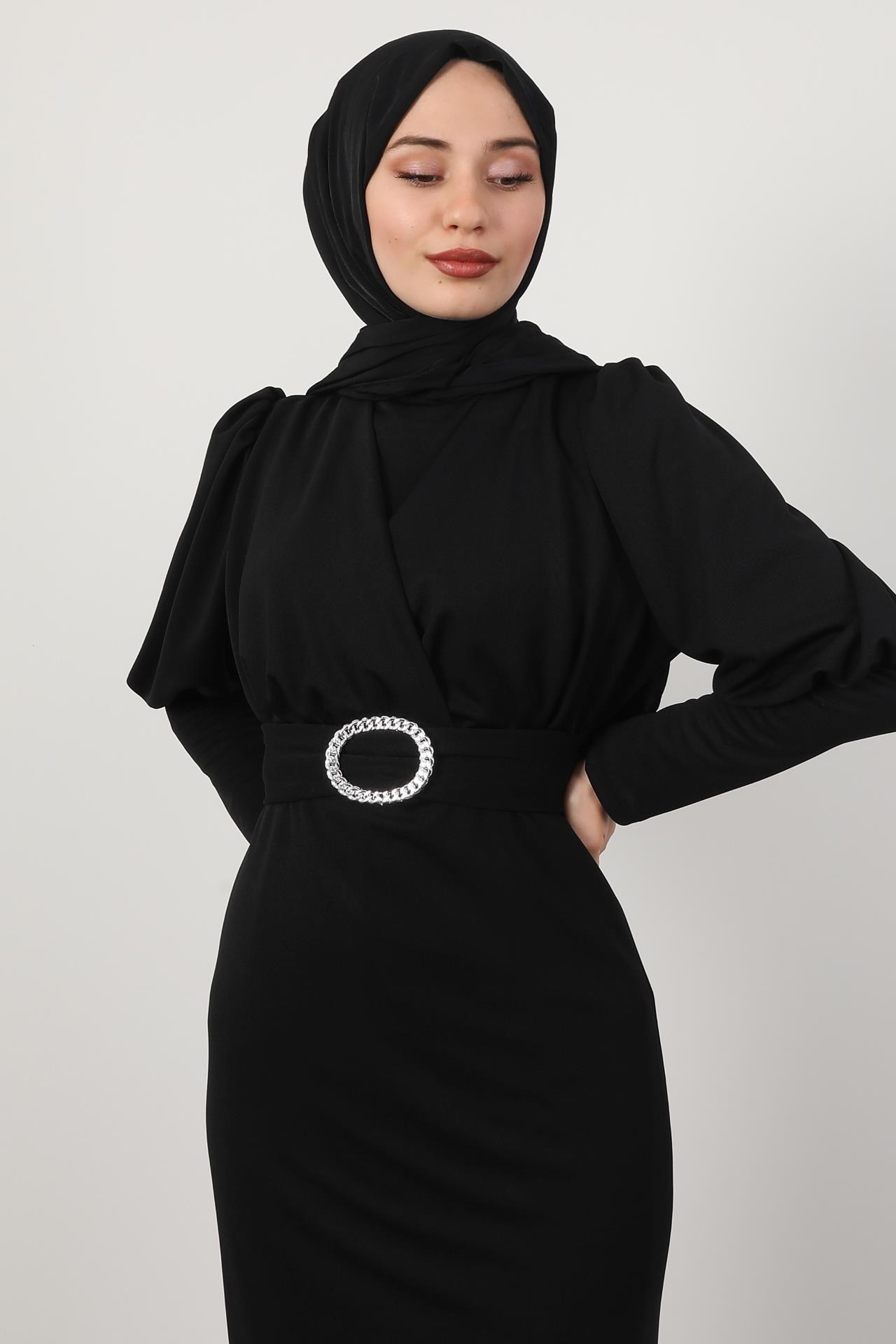 Yakası Çapraz Elbise Siyah