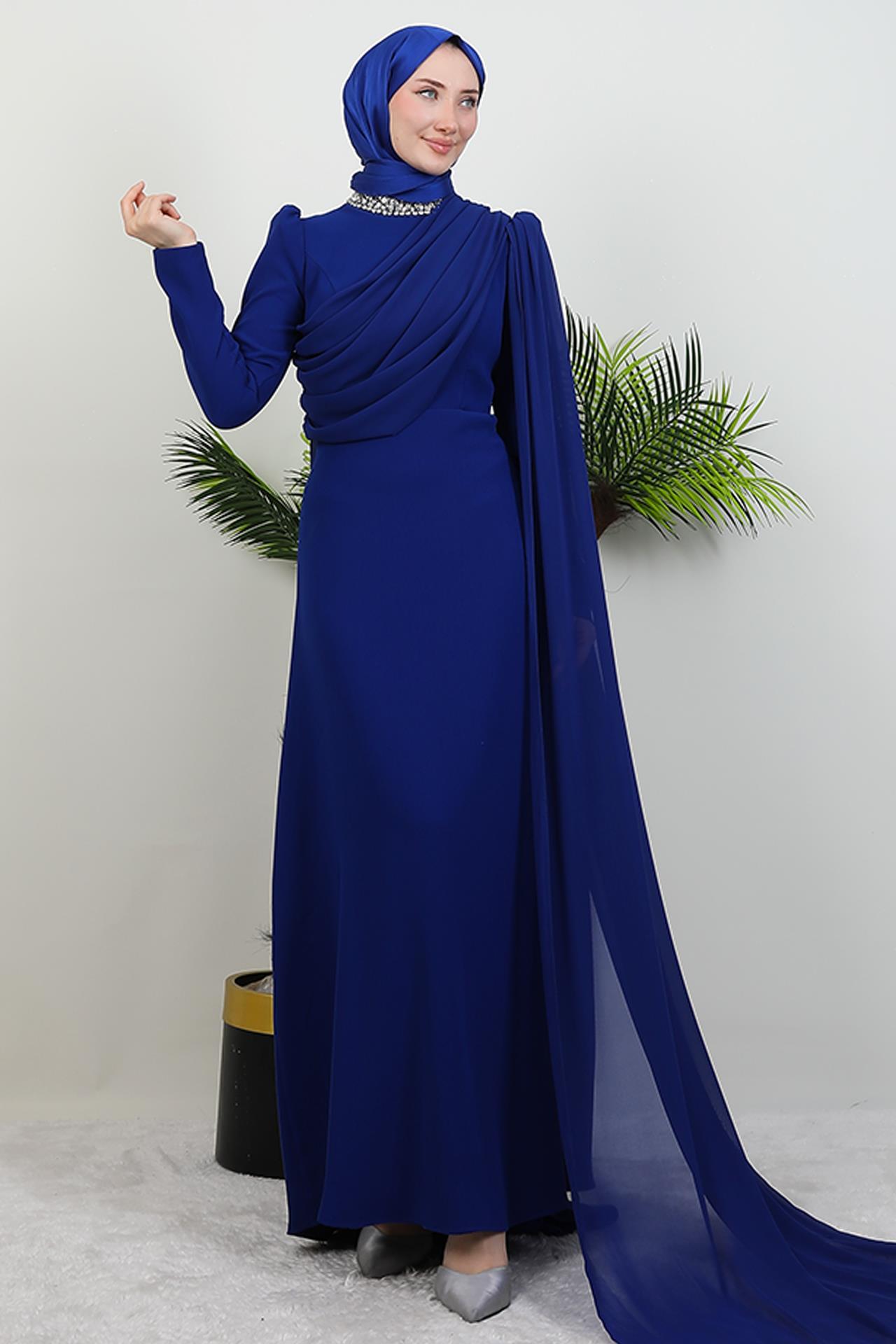 Yakası Taşlı Elbise Gece Mavi