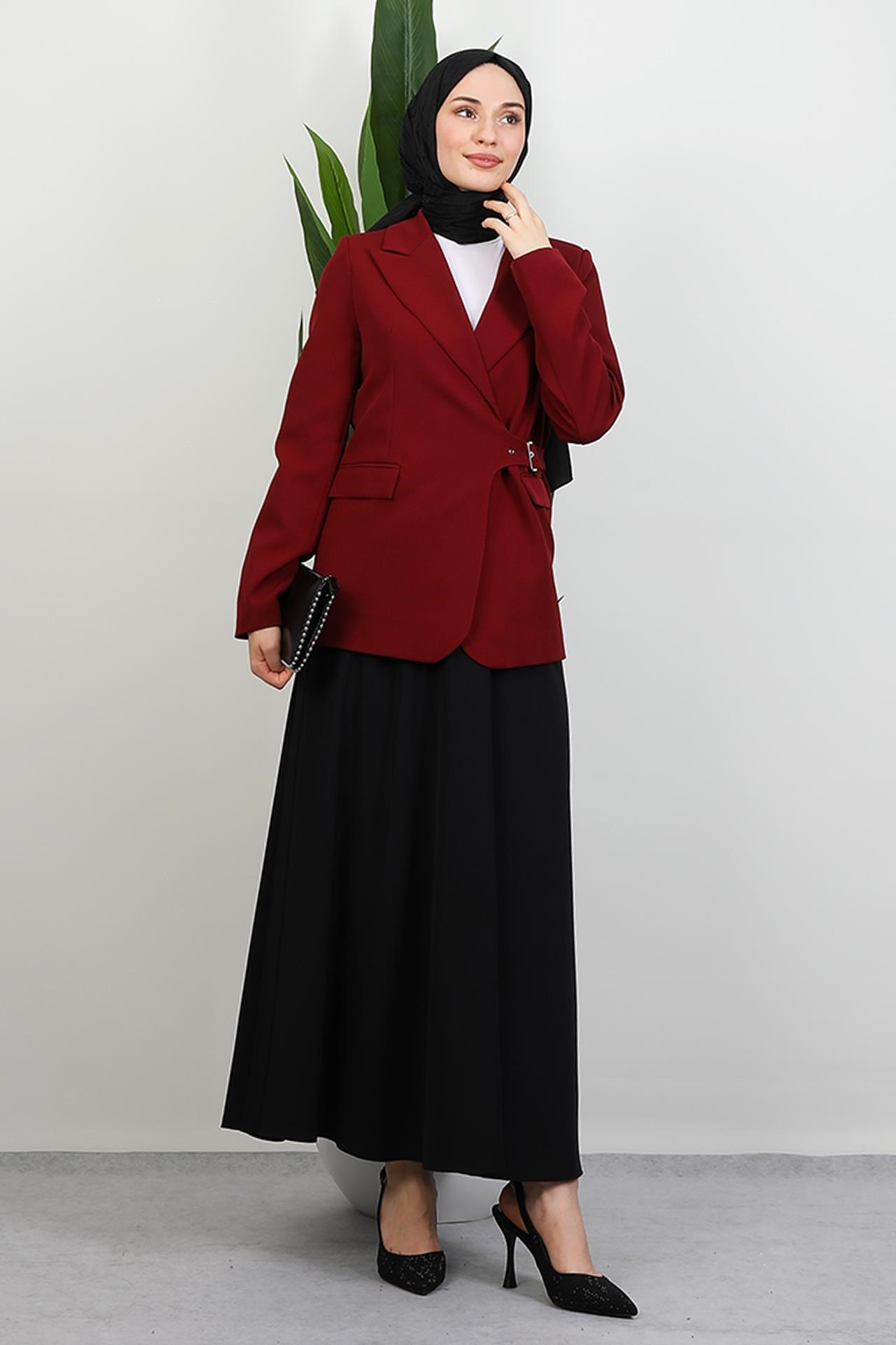 Yandan Kemerli Ceket Bordo
