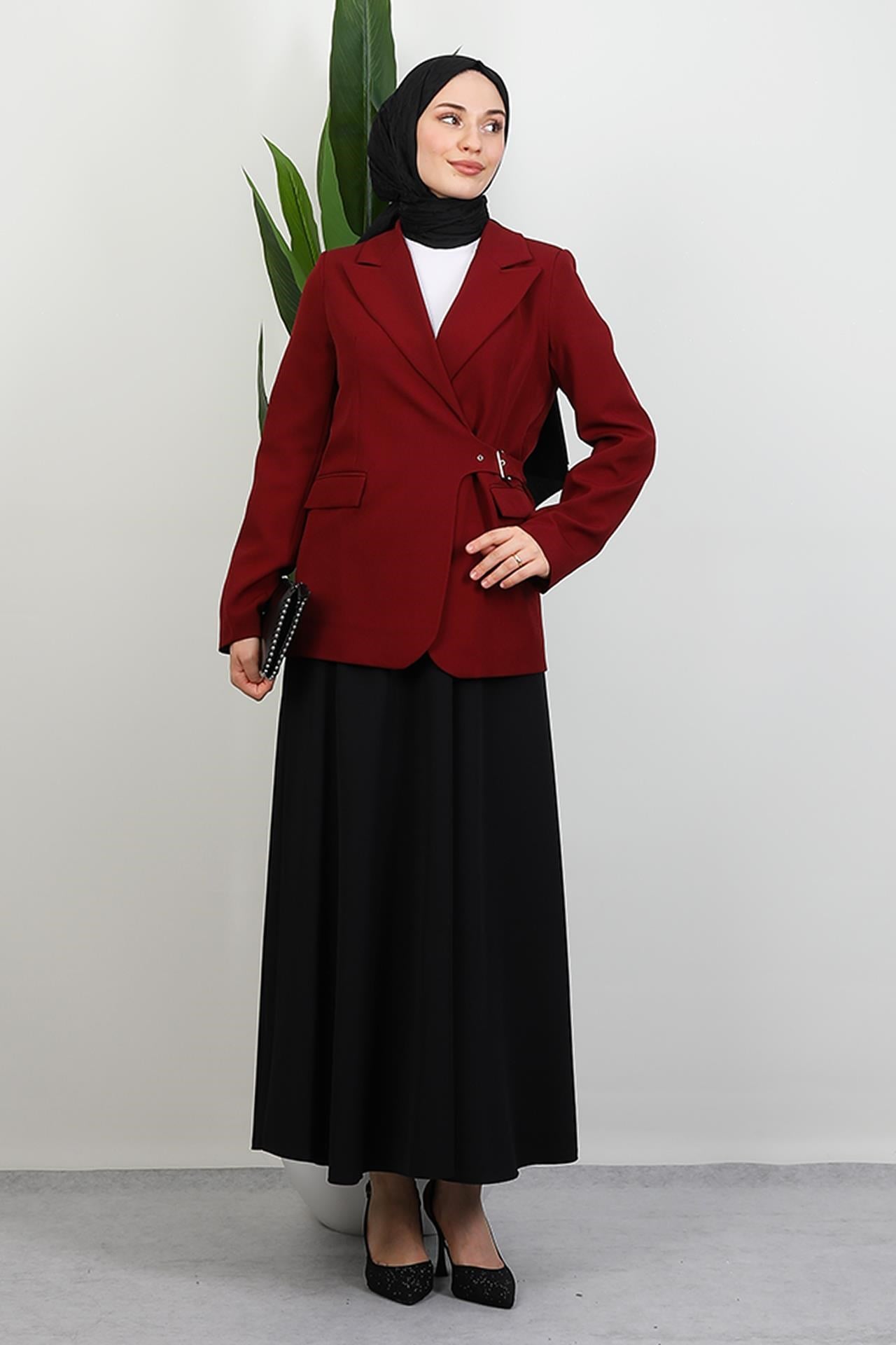 Yandan Kemerli Ceket Bordo