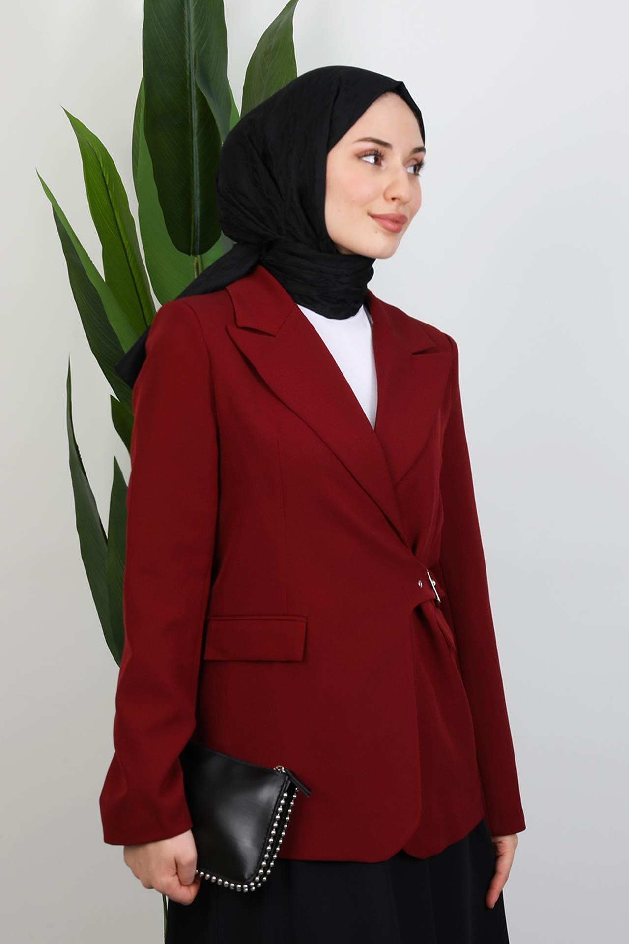 Yandan Kemerli Ceket Bordo