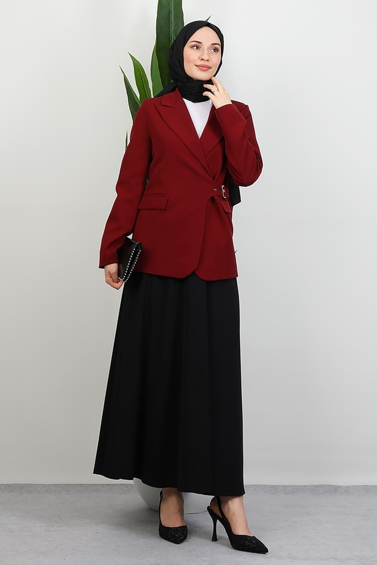 Yandan Kemerli Ceket Bordo