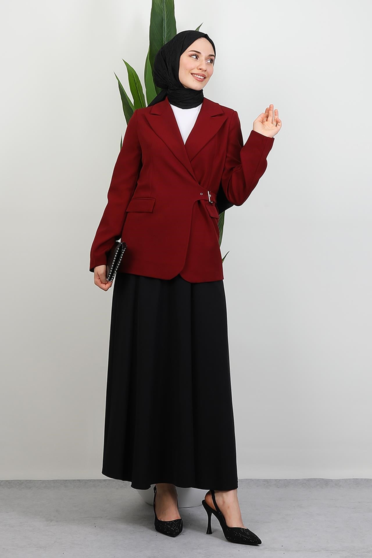 Yandan Kemerli Ceket Bordo