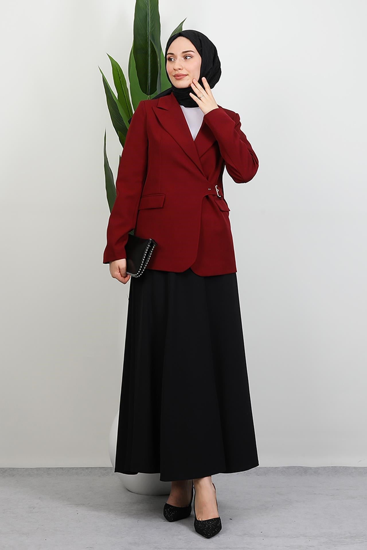 Yandan Kemerli Ceket Bordo