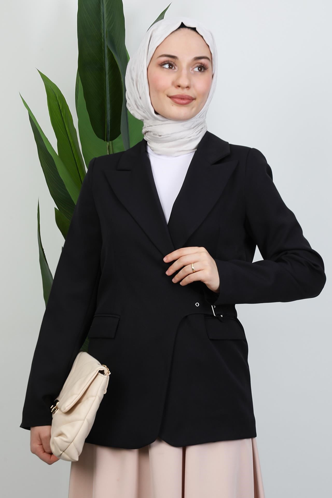 Yandan Kemerli Ceket Siyah