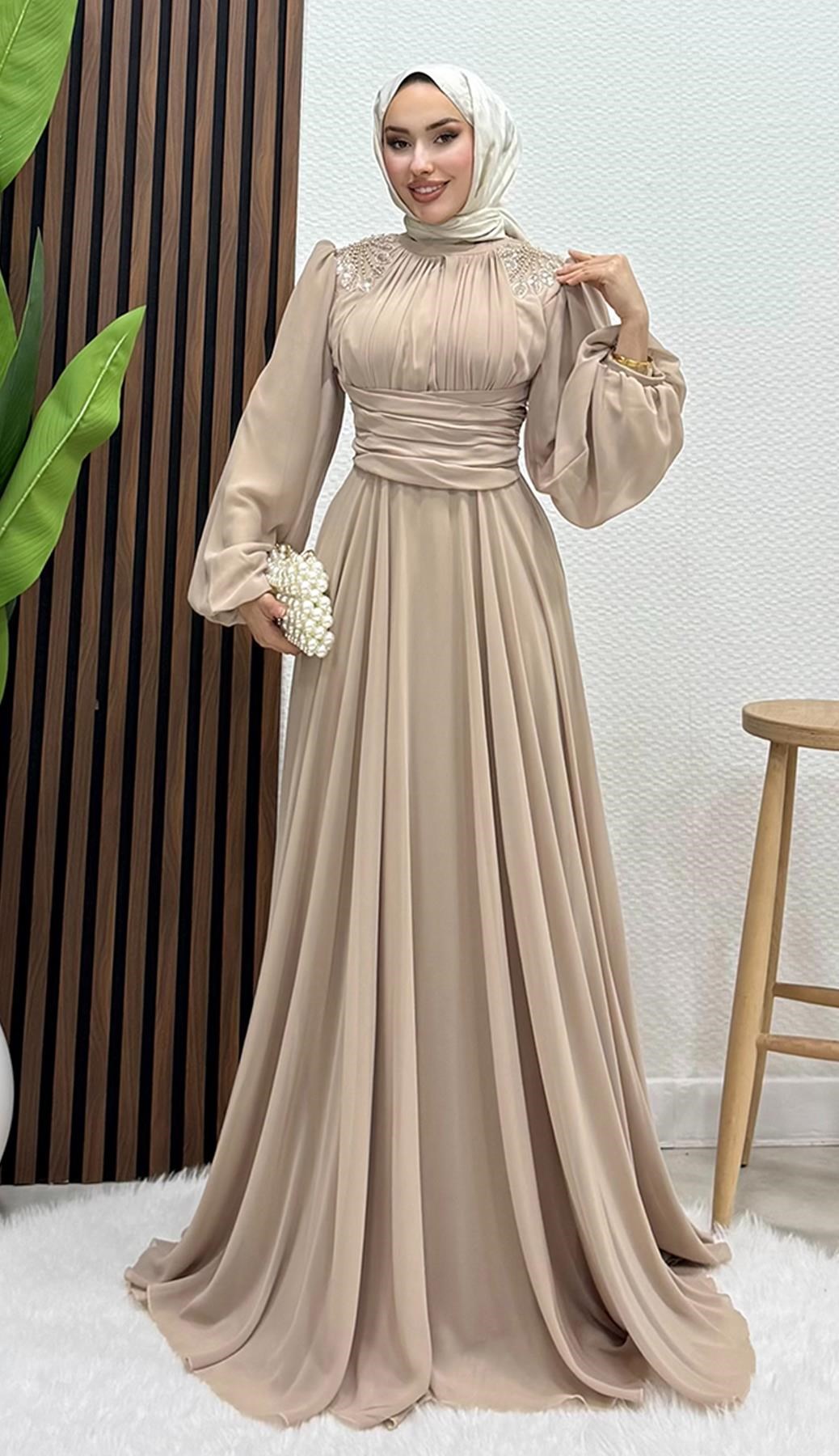Yaprak İşleme Tül Abiye Bej