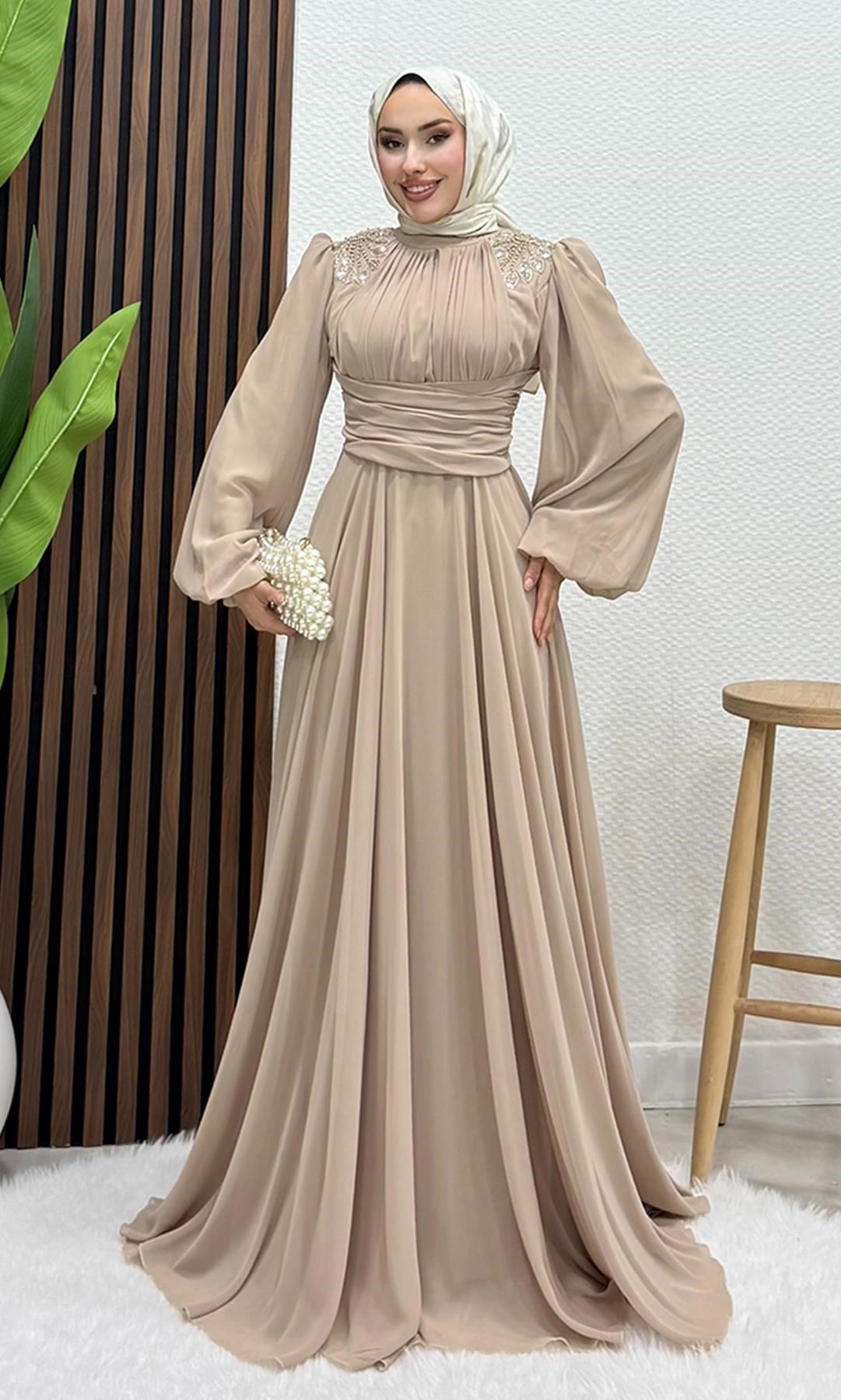 Yaprak İşleme Tül Abiye Bej