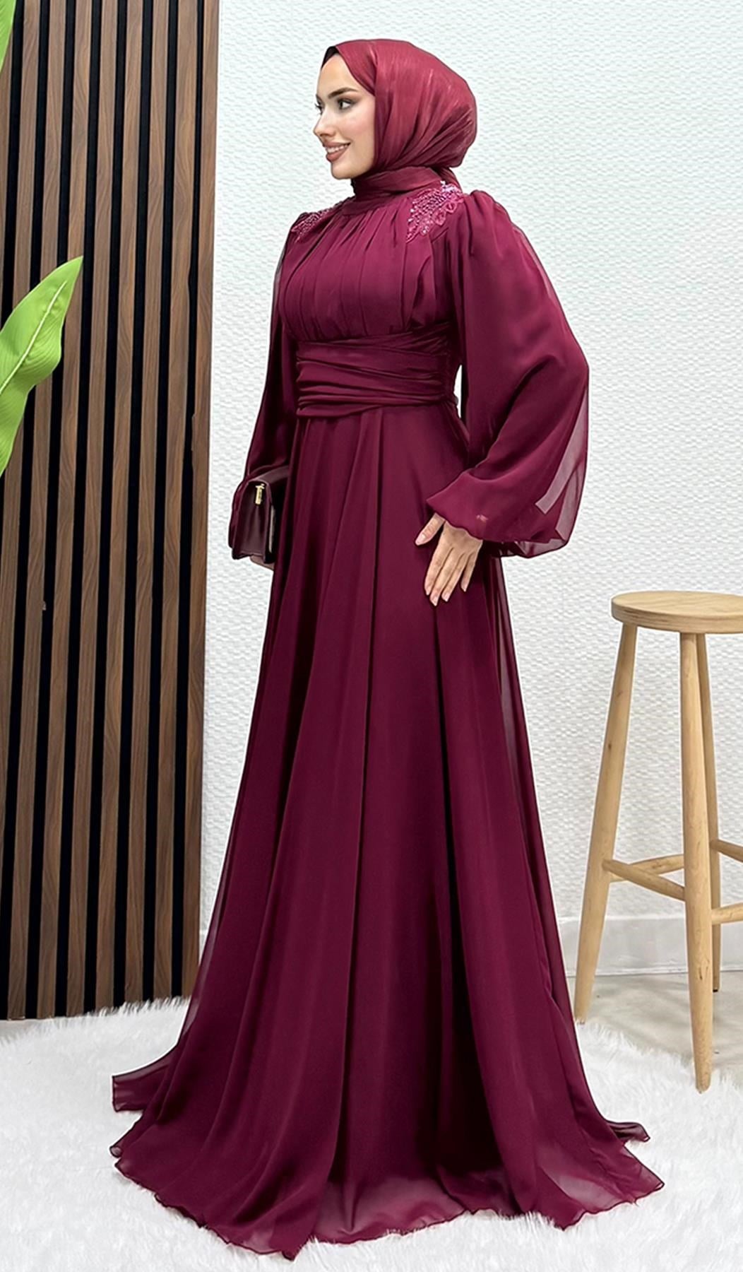 Yaprak İşleme Tül Abiye Bordo