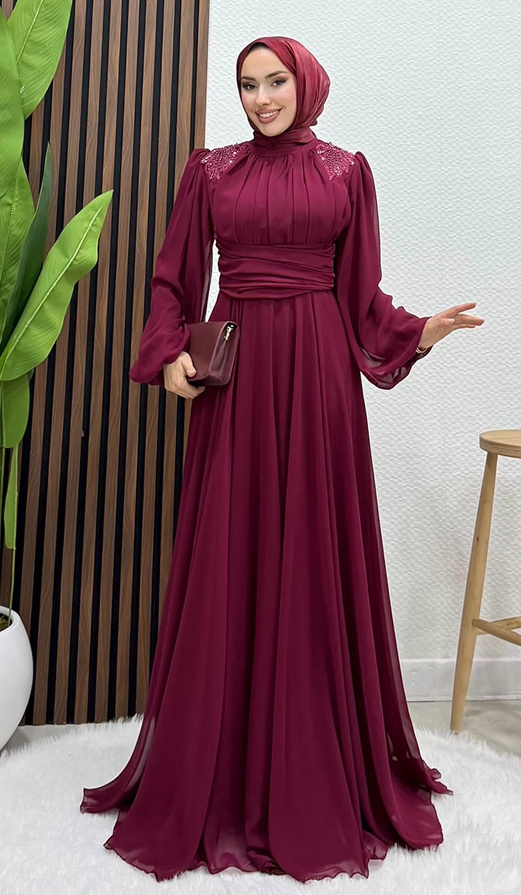 Yaprak İşleme Tül Abiye Bordo