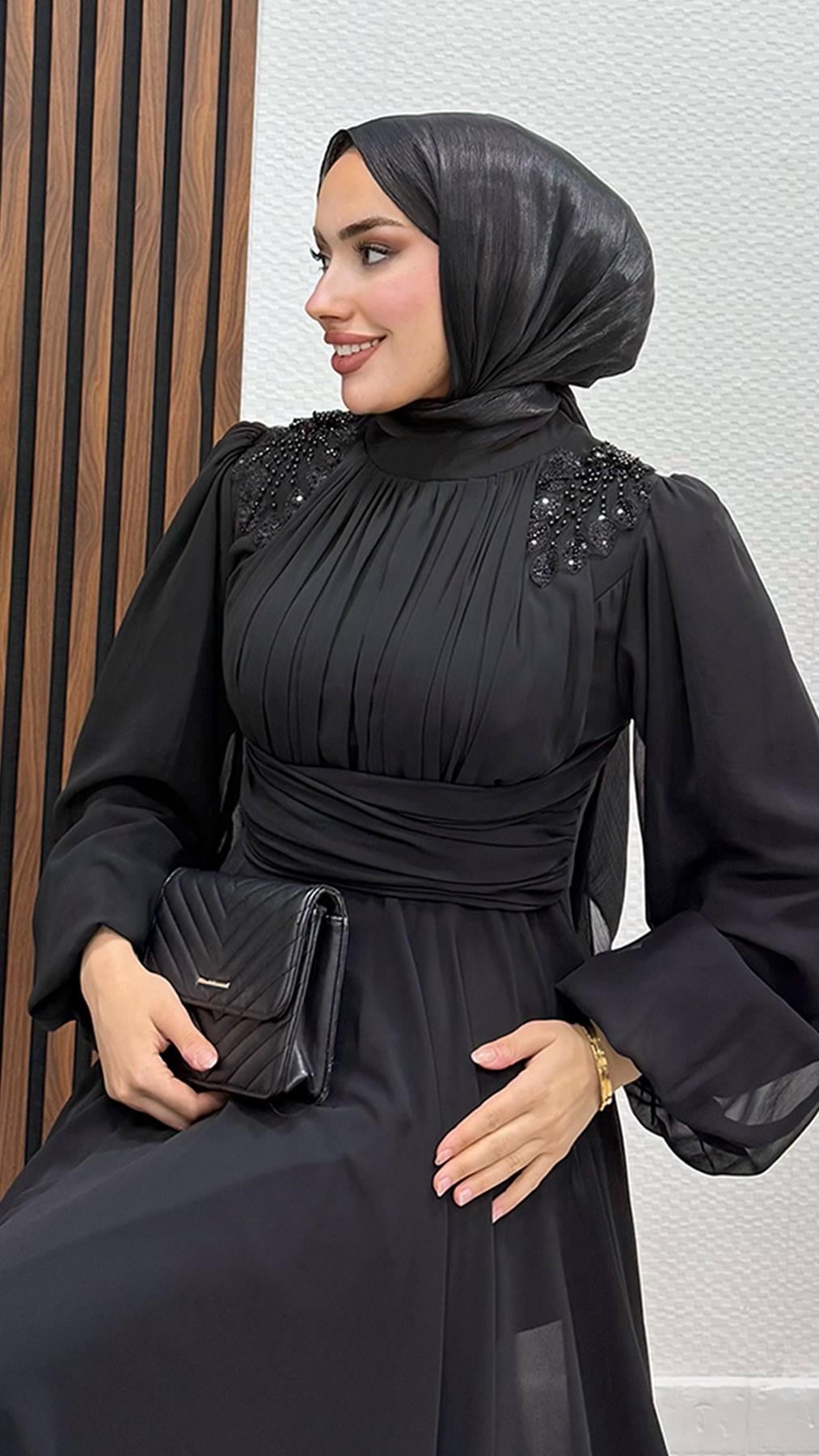 Yaprak İşleme Tül Abiye Siyah
