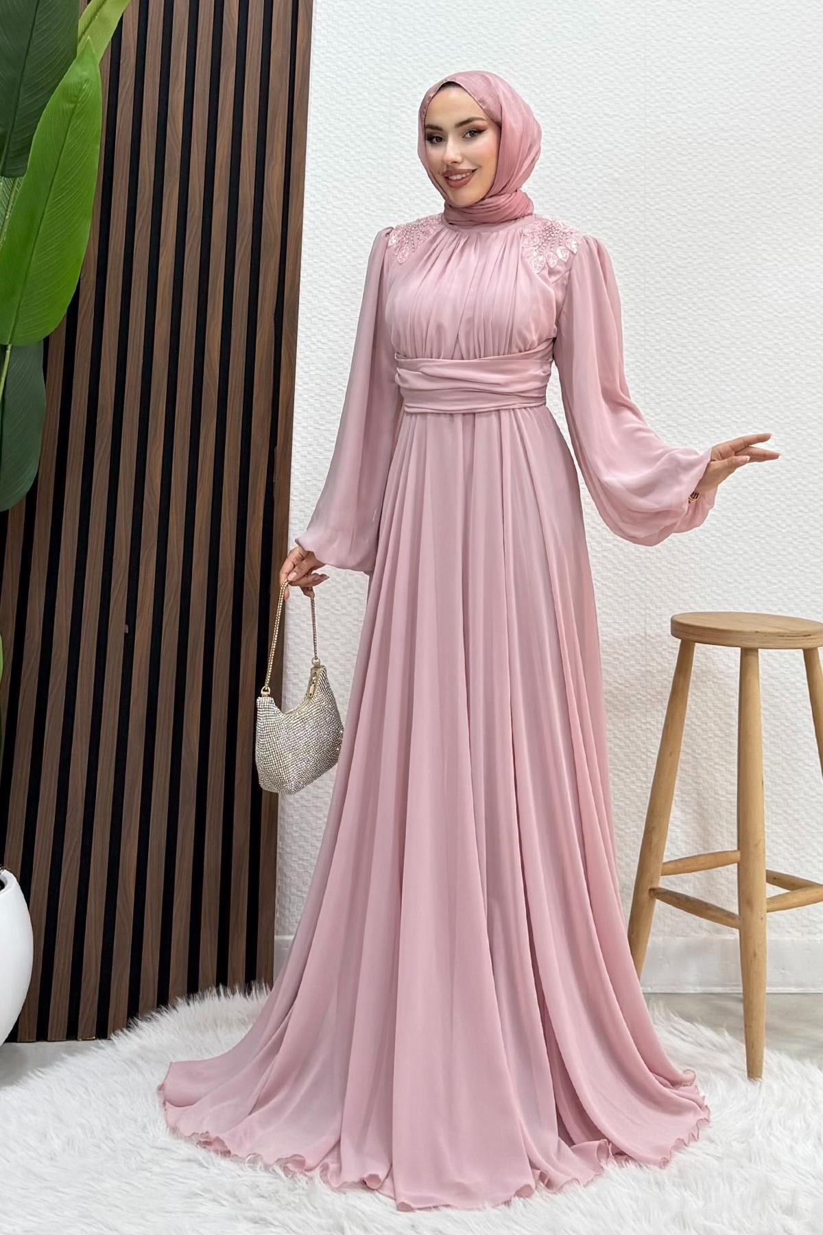 Yaprak İşleme Tül Abiye Soft Pembe