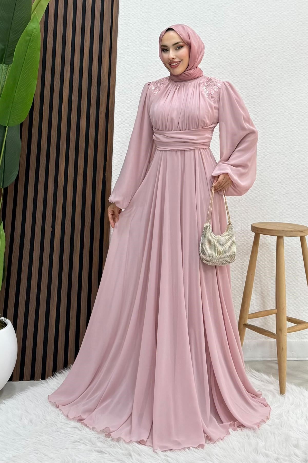 Yaprak İşleme Tül Abiye Soft Pembe