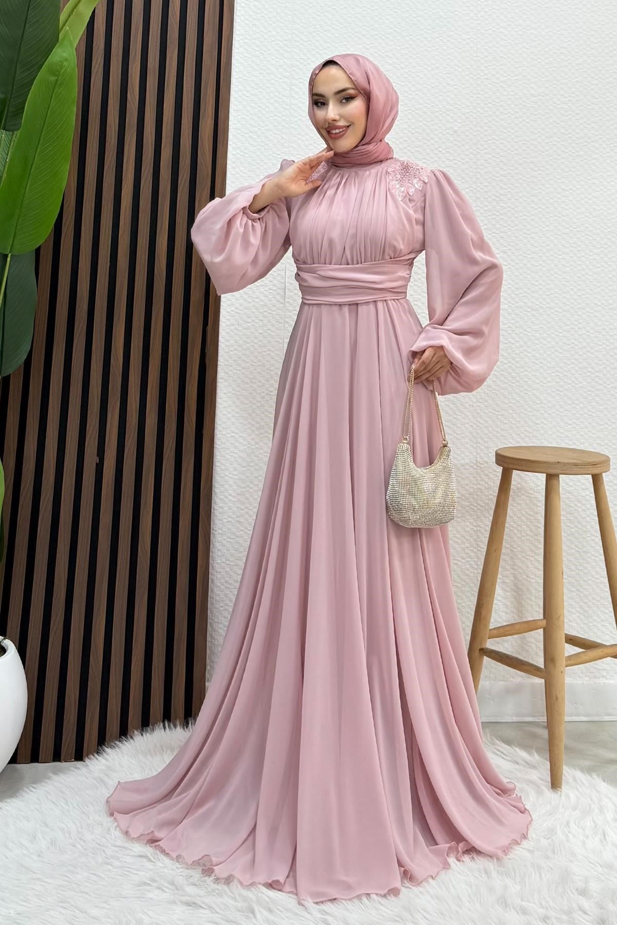 Yaprak İşleme Tül Abiye Soft Pembe