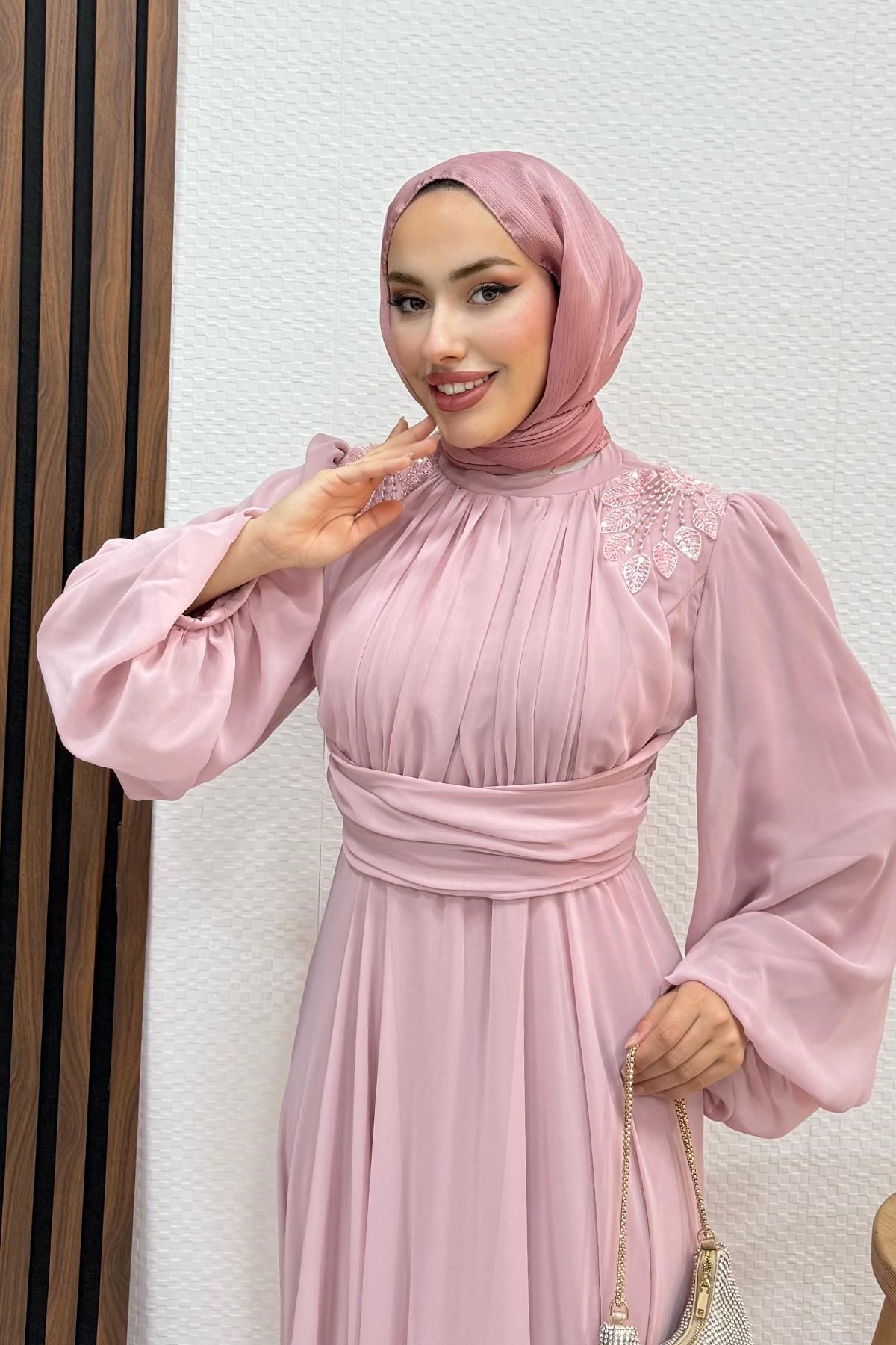 Yaprak İşleme Tül Abiye Soft Pembe