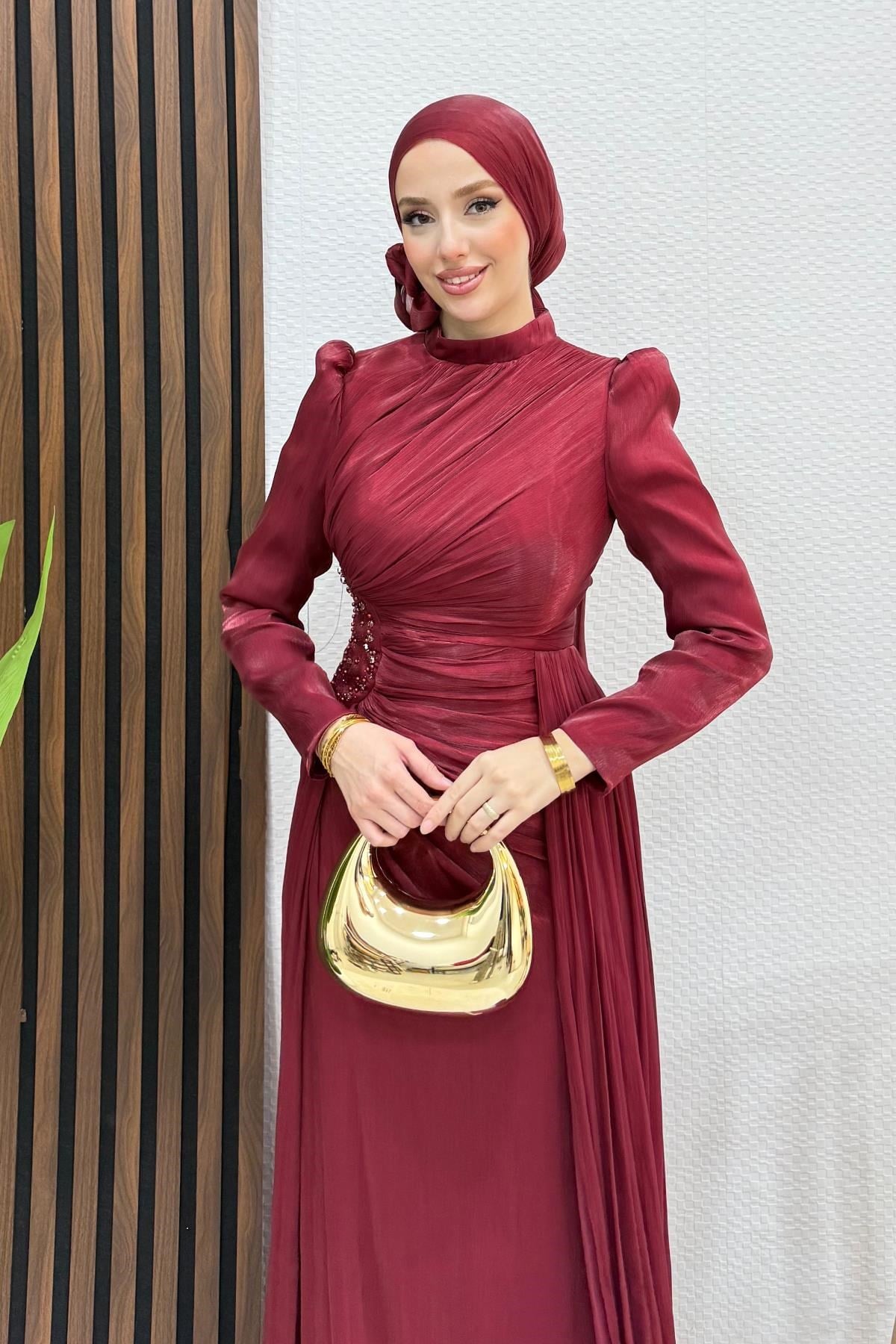 Yaren Taş Detay Abiye Bordo