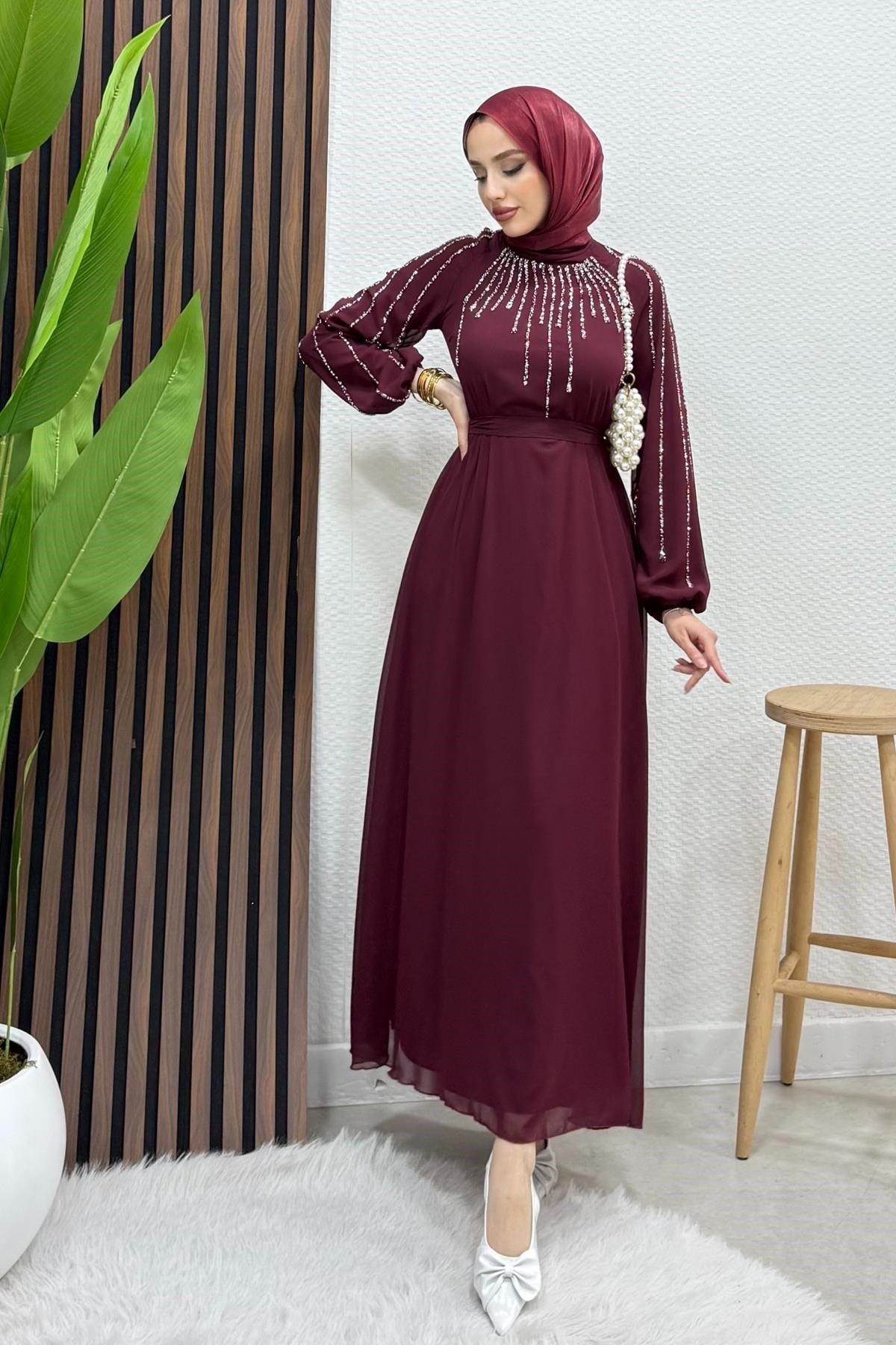 Yeşim Şifon Abiye Bordo