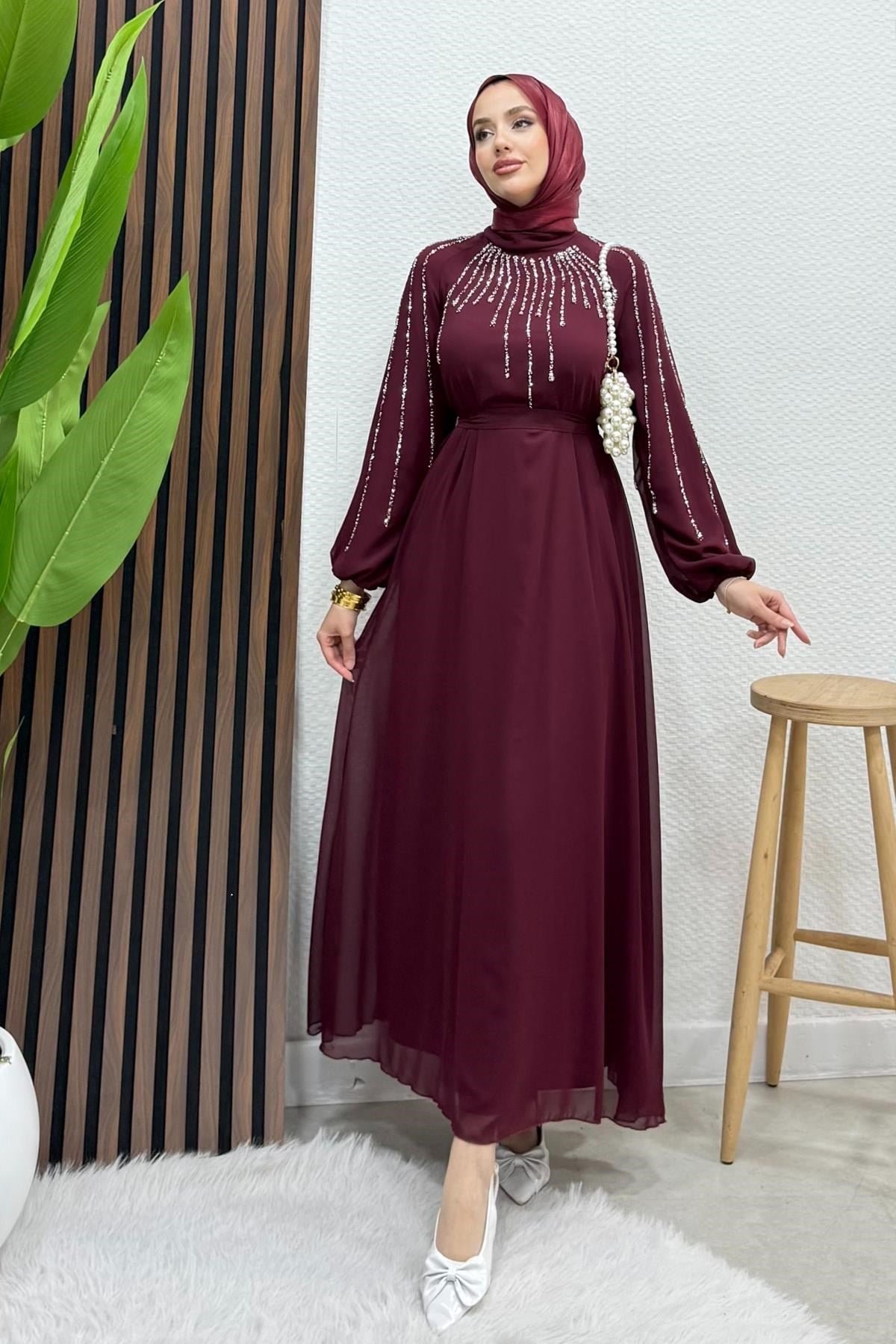 Yeşim Şifon Abiye Bordo