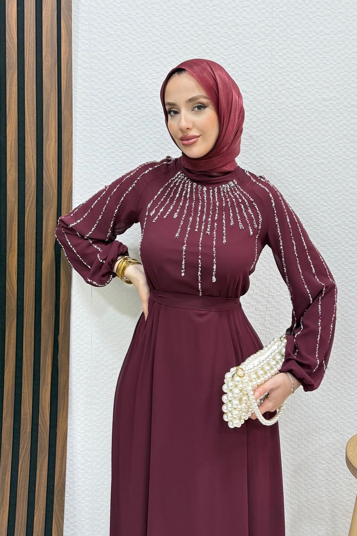 Yeşim Şifon Abiye Bordo