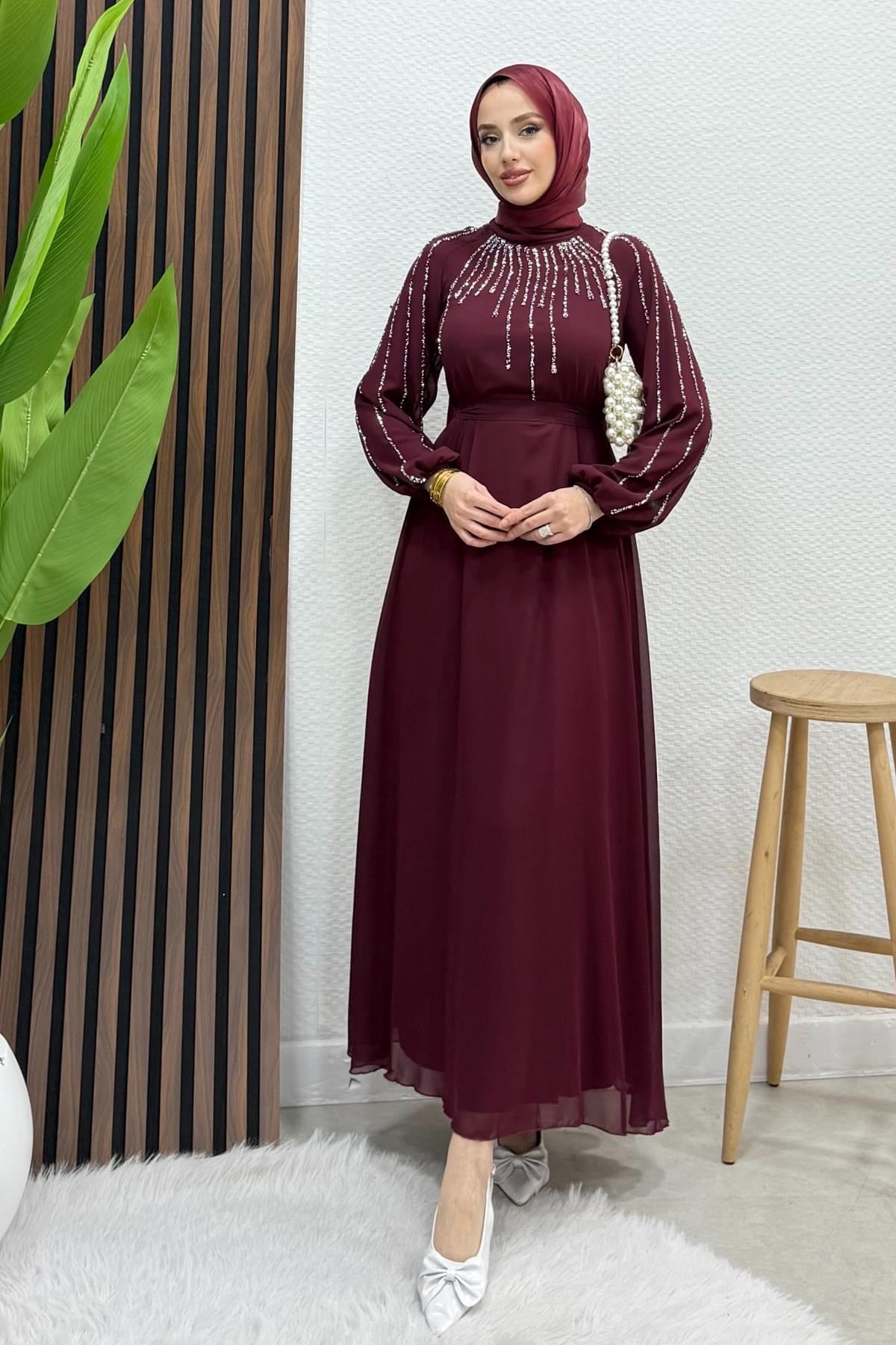 Yeşim Şifon Abiye Bordo