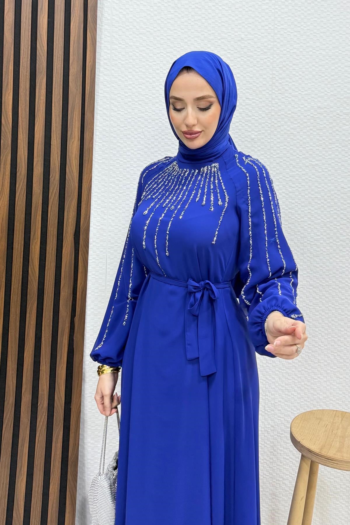 Yeşim Şifon Abiye Gece Mavi