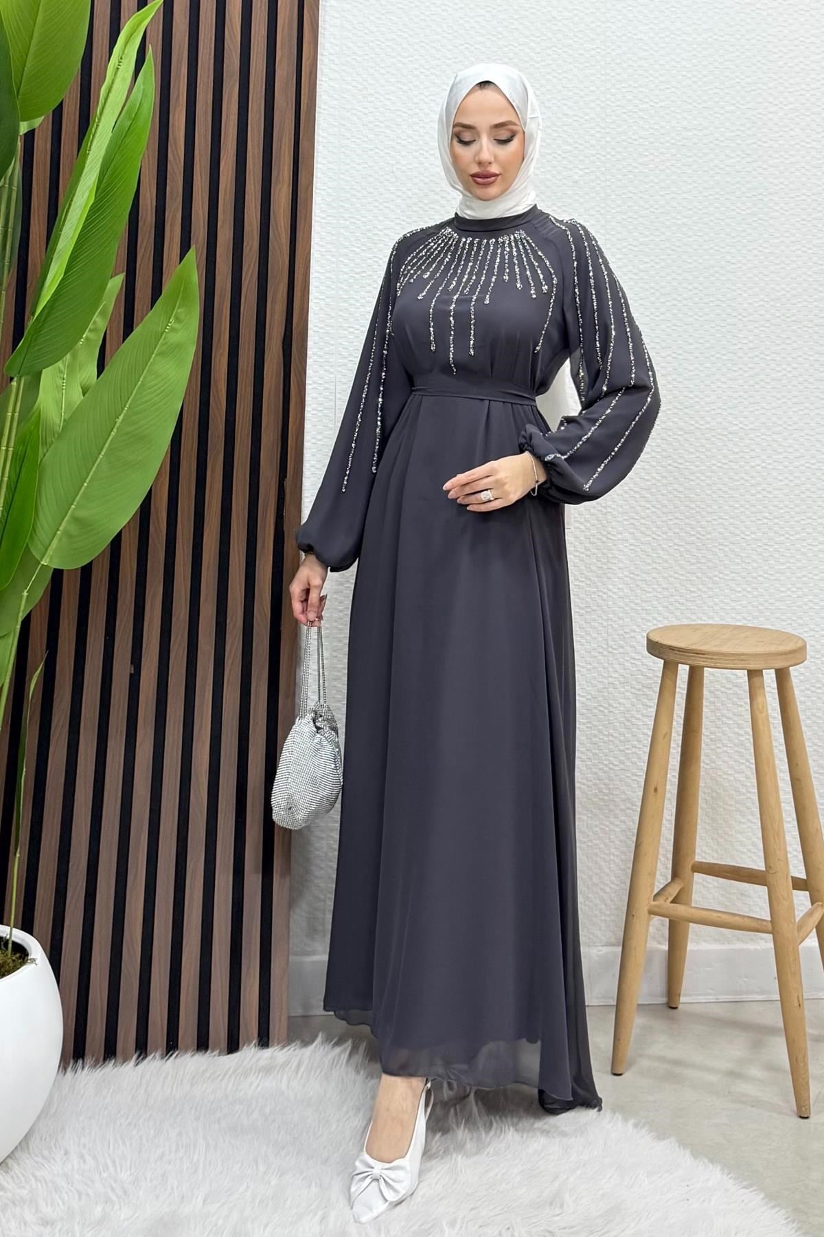 Yeşim Şifon Abiye Koyu Gri